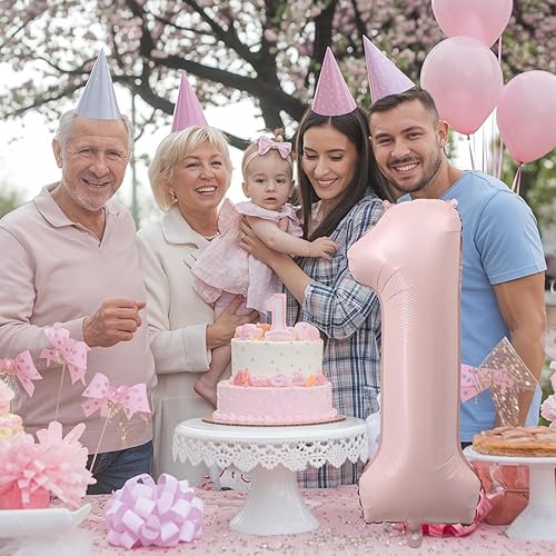 Miniatura 3 de Globos rosados con el número 1 de 40 pulgadas, color rosa claro retro polvoriento, globo de helio número 1 para niñas, globo de primer cumpleaños