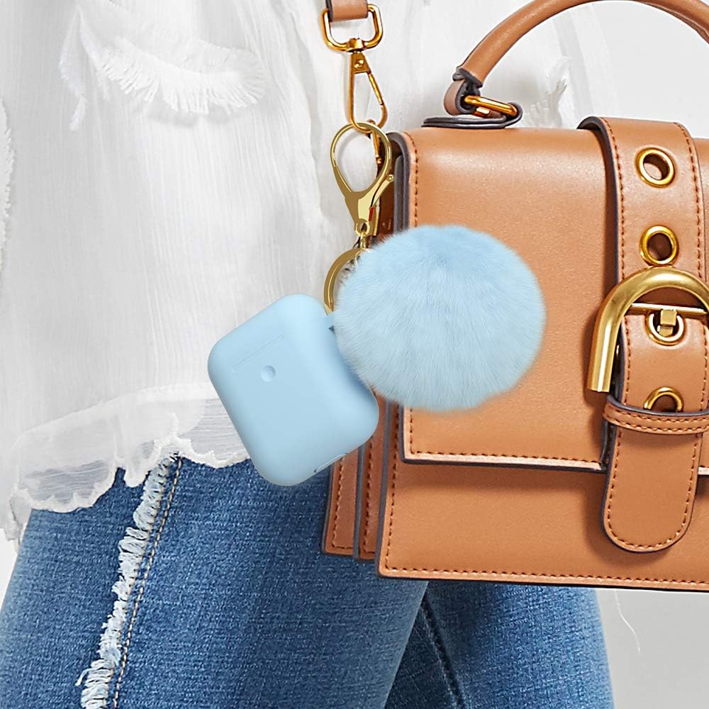 BRG for AirPods Case,Soft Cute Silicone Cover for Apple Airpods 2 & 1 Cases with Pom Pom Fur Ball Keychain/Strap/Earbuds Accessories (Front LED Visible) (Rose Red)