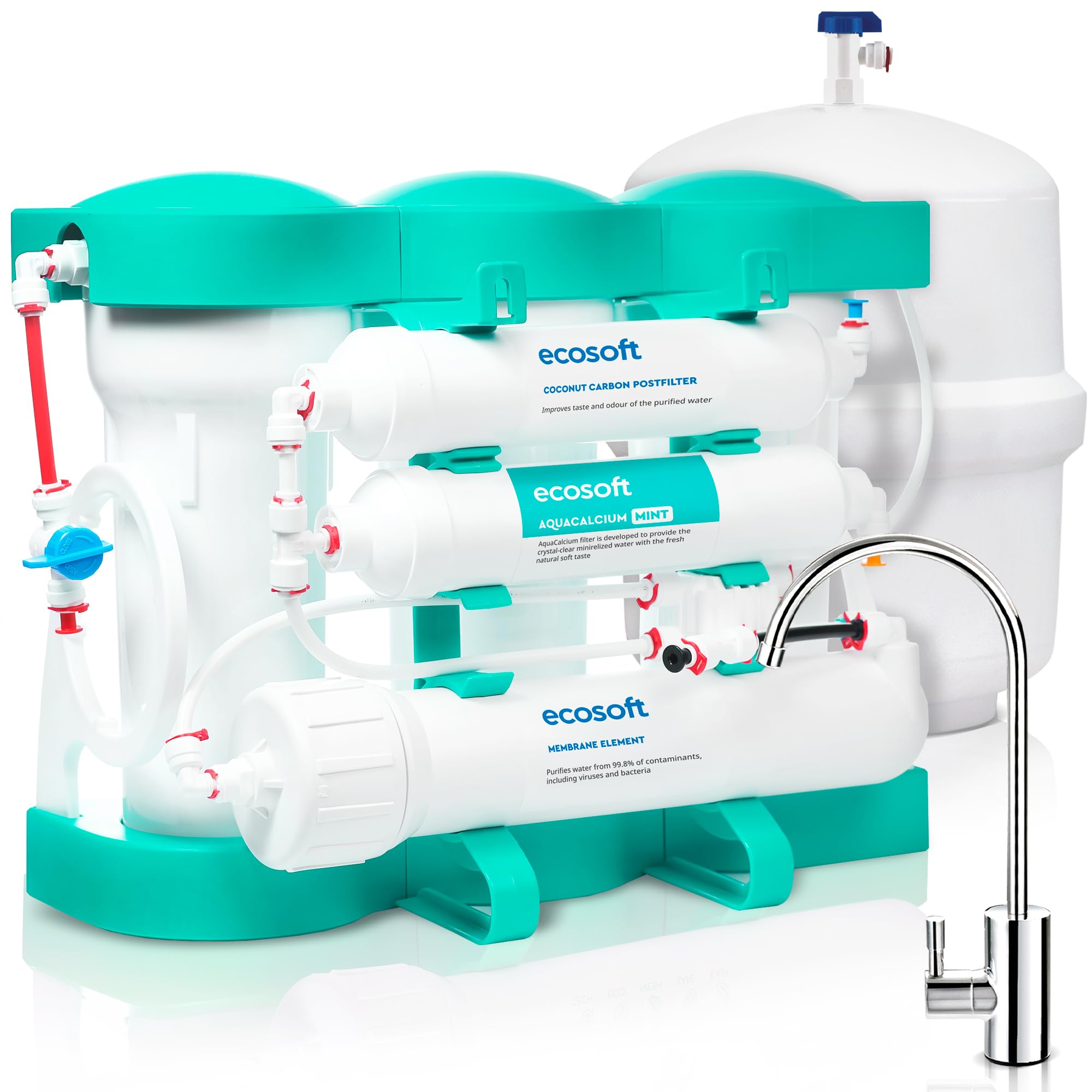 Ecosoft P'URE AquaCalcium Mint Filtre à osmose inverse pour la maison, filtre 99 | 8 purcent des polluants de l'eau | minéralise l'eau potable avec du calcium | avec réservoir d'eau