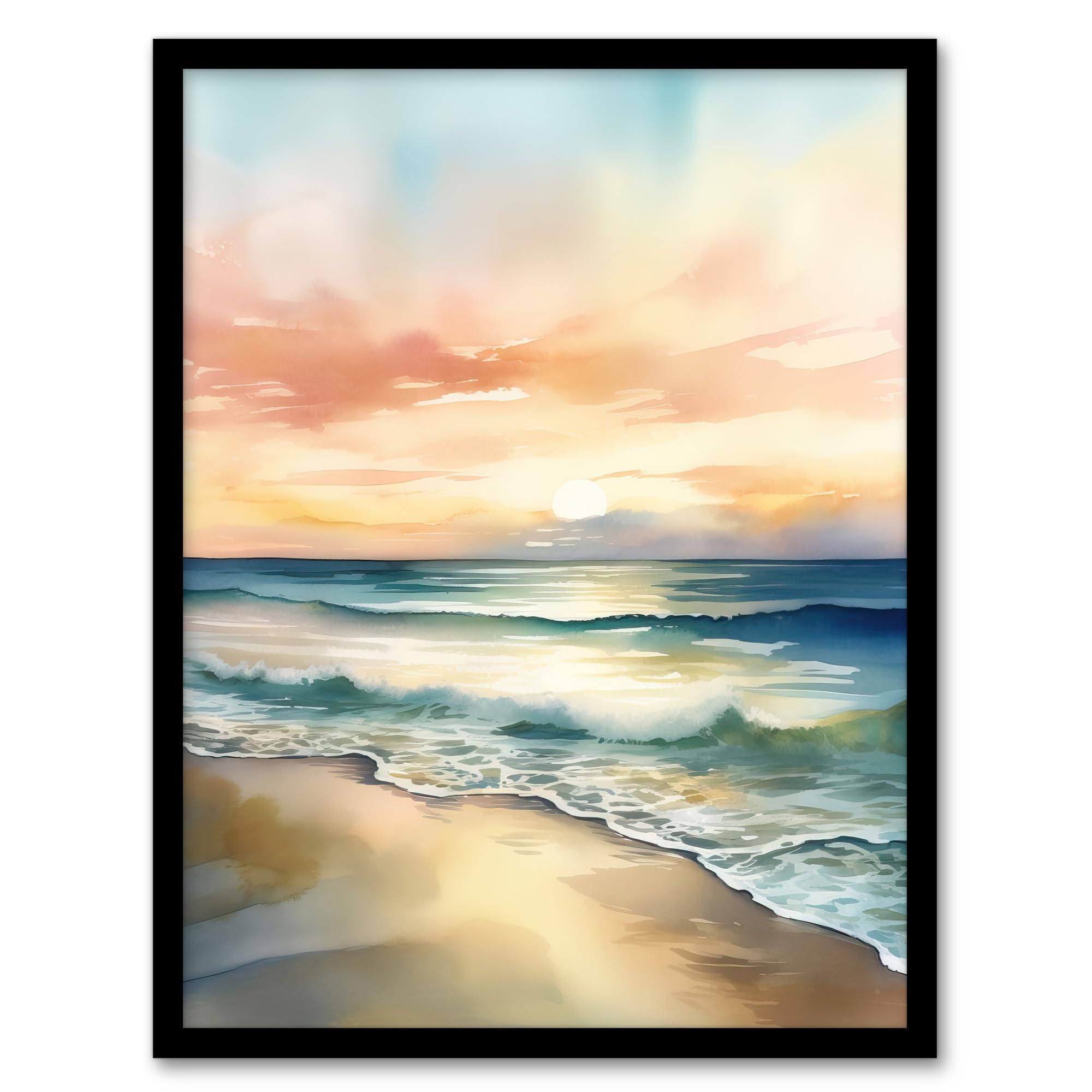 Artery8 Simple Serene Seashore Sunset Scarlet Sky Sublime Scenic Seascape Artwork Framed Wall Art Print A4