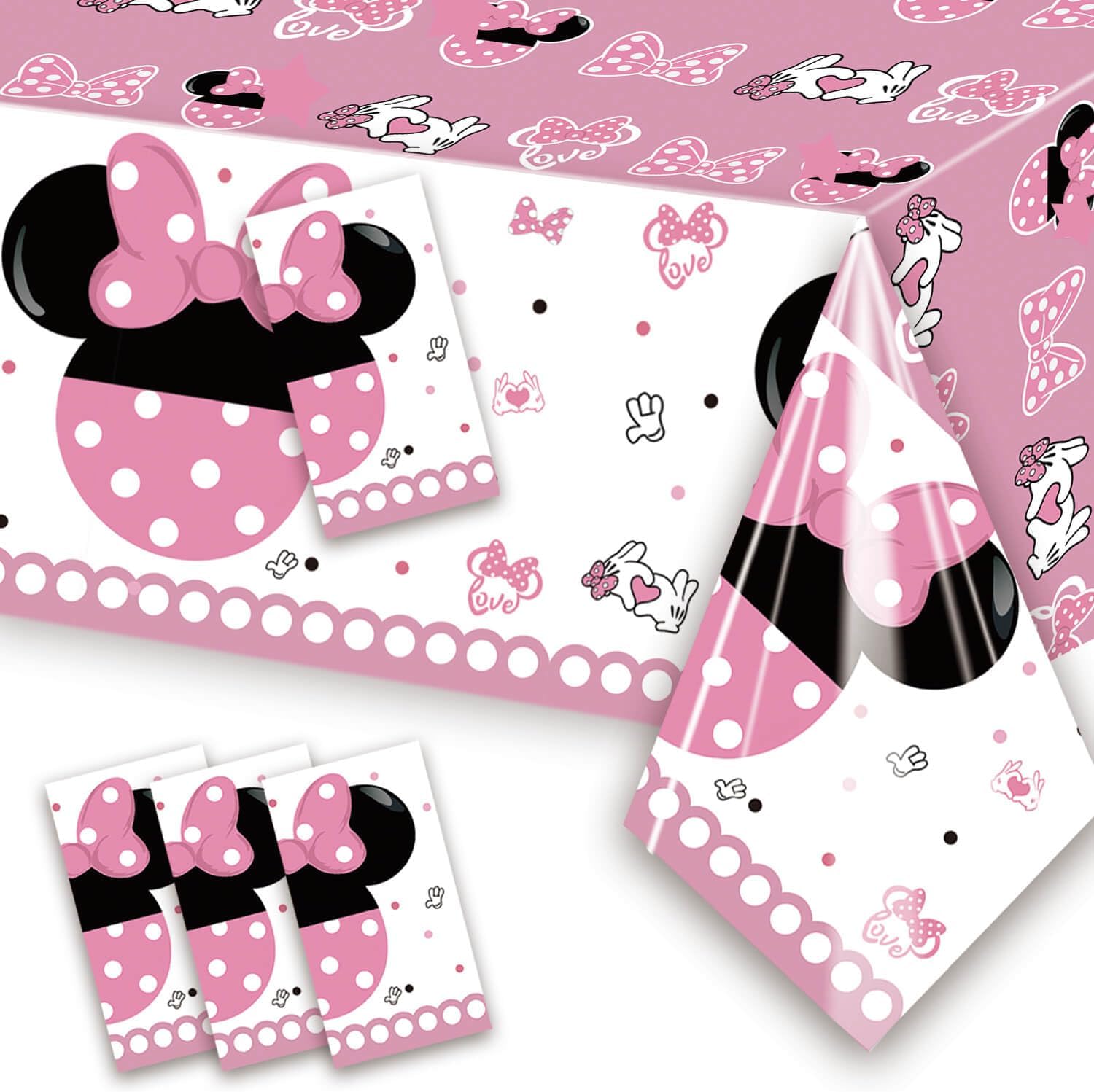 XXDecor 4 Pcs Pink Cartoon Table Cloths - Happy Birthday Disposable Plastic Rectangular Tablecovers for Baby Shower Girls 1st 2nd 3rd 4th 5th 6th Birthday Party Supplies Decorations 51.2" x 86.6"