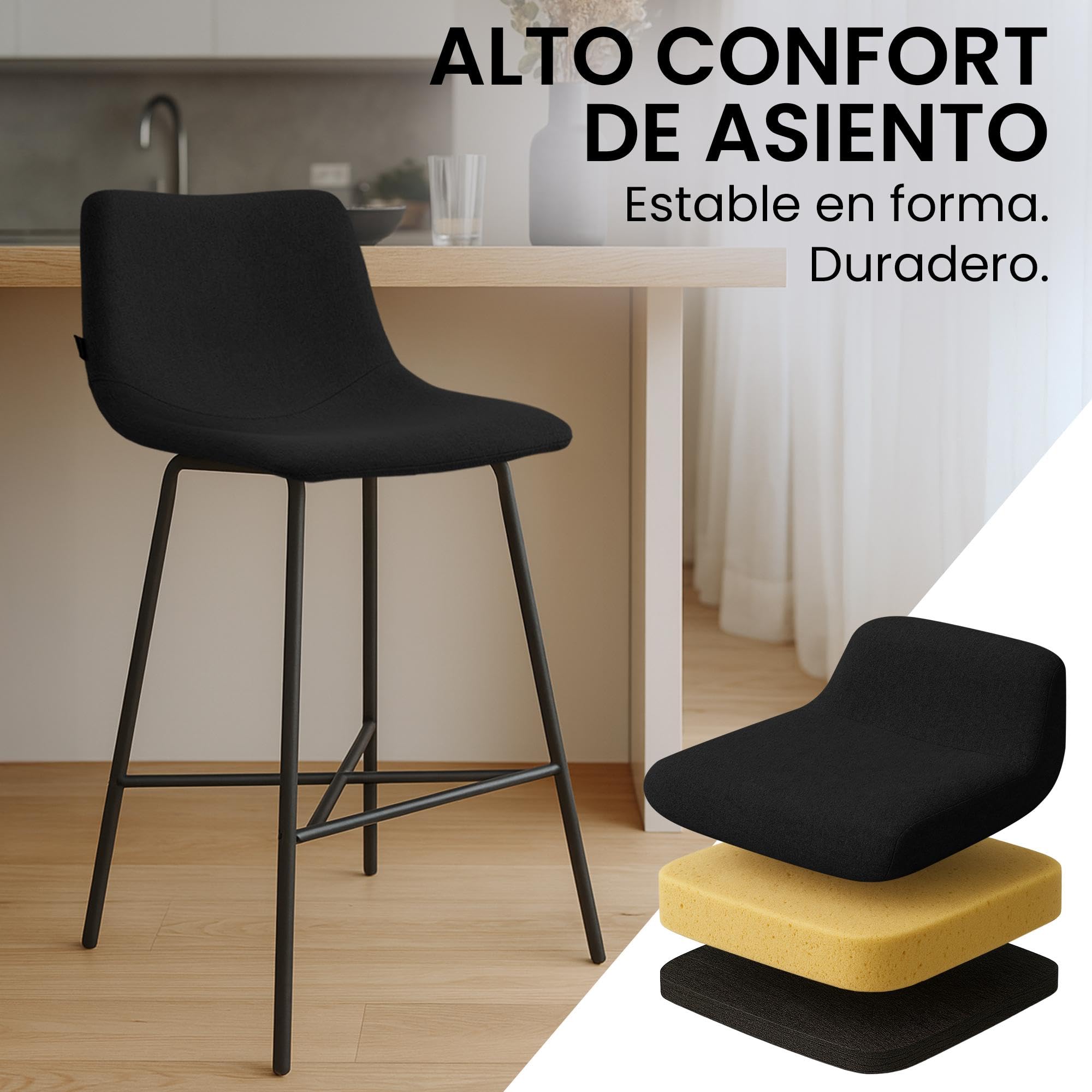 CLP Taburete de Bar Acolchado Altona, Silla con Respaldo y reposapiés, Taburete Moderno para Cocina, Estructura de Metal Negro Color Negro Material Tela