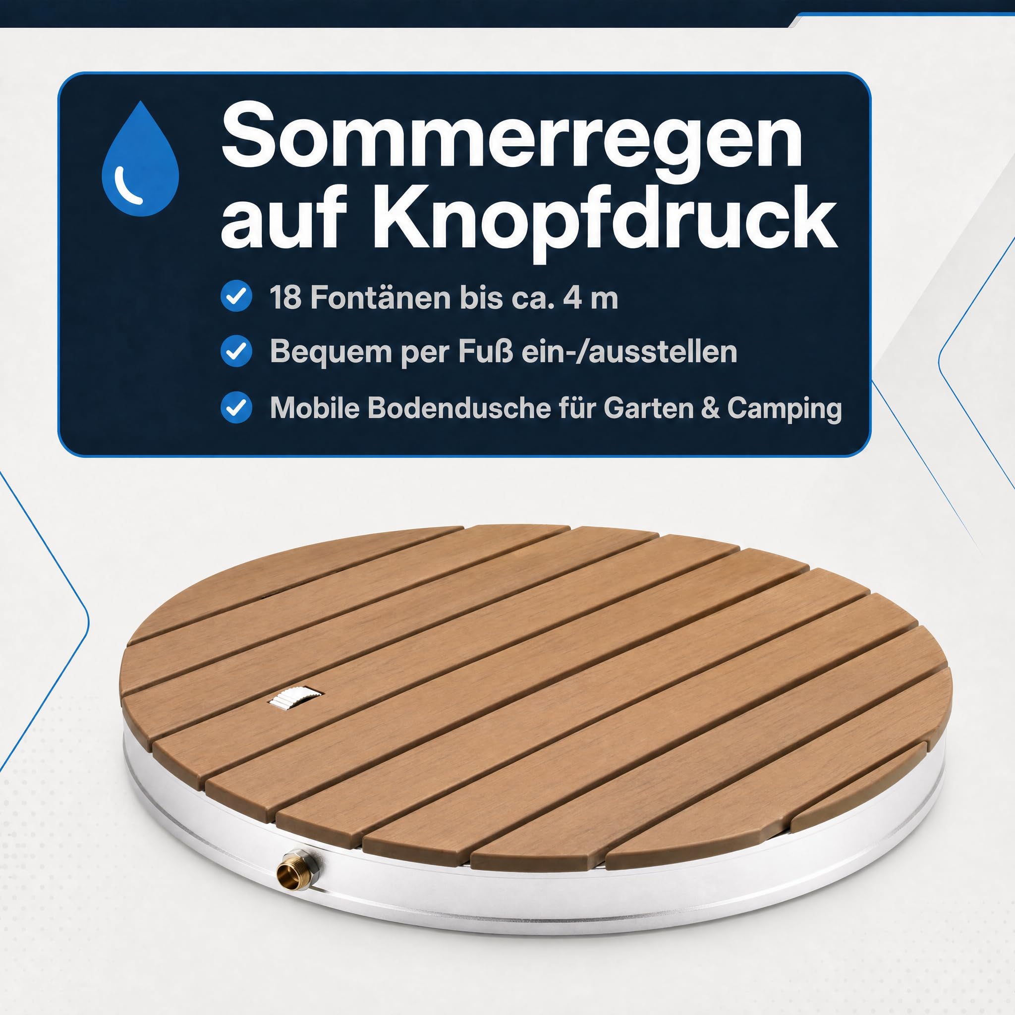 @tec Gartendusche, Ø 70 cm, Höhe: 7,5 cm, Bodendusche für Garten, Pool & Camping, WPC-Bodenplatte mit 18 Fontänen, Fußventil mit Stellrad, 3/4-Zoll Schlauchanschluss, mobil
