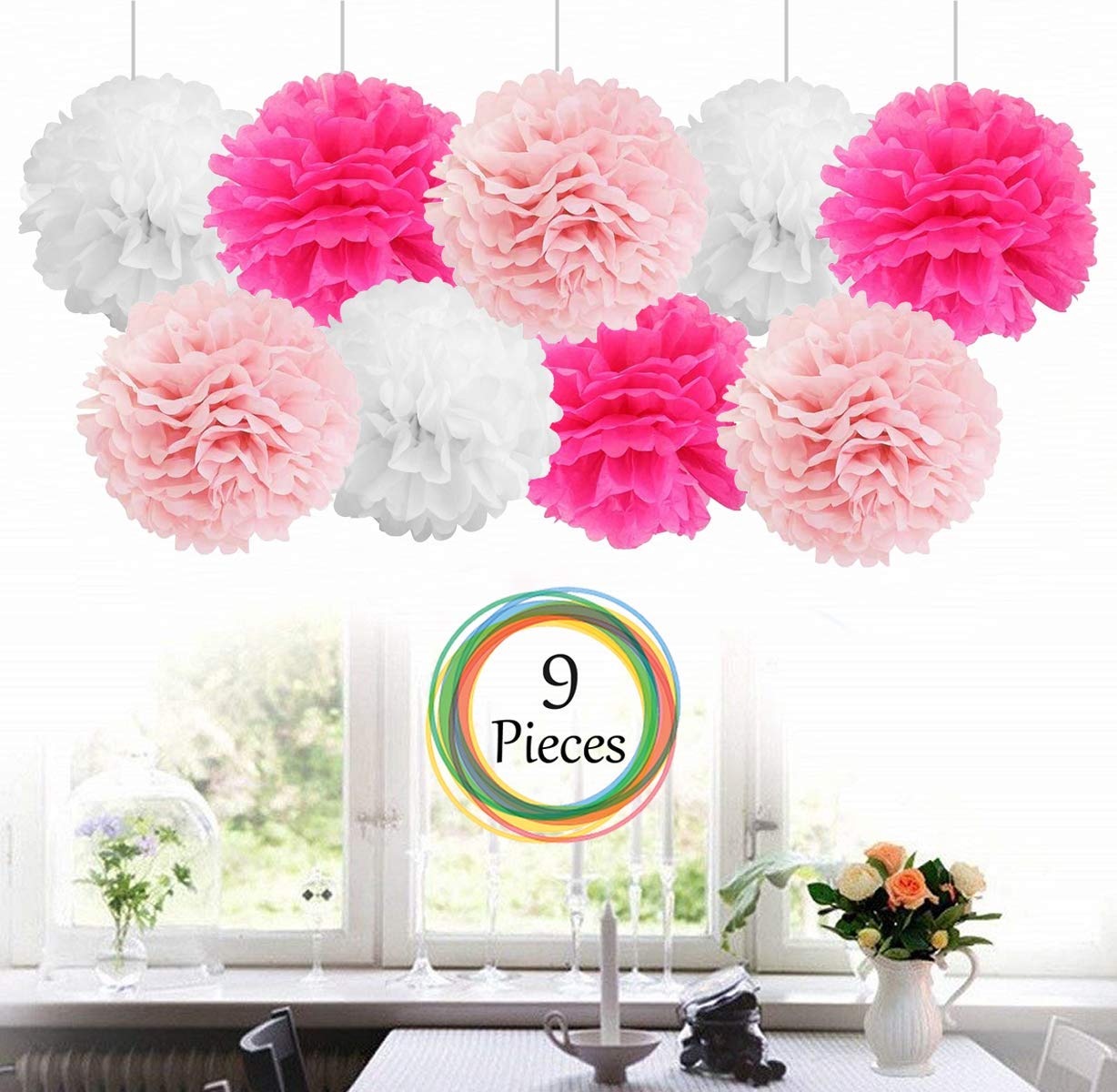 AMFIN® 9 Pcs. 10" Tissue Paper Pom Pom Flower Balls for Birthday Wedding Party Anniversary Welcome Baby Shower Decorations - Dark Pink, Light Pink & White