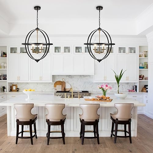 Miniatura 2 de Treekee Lámpara de araña rústica, cubierta de cristal con acabado negro y dorado, de lujo, 4 luces de globo vintage, lámparas de techo colgantes