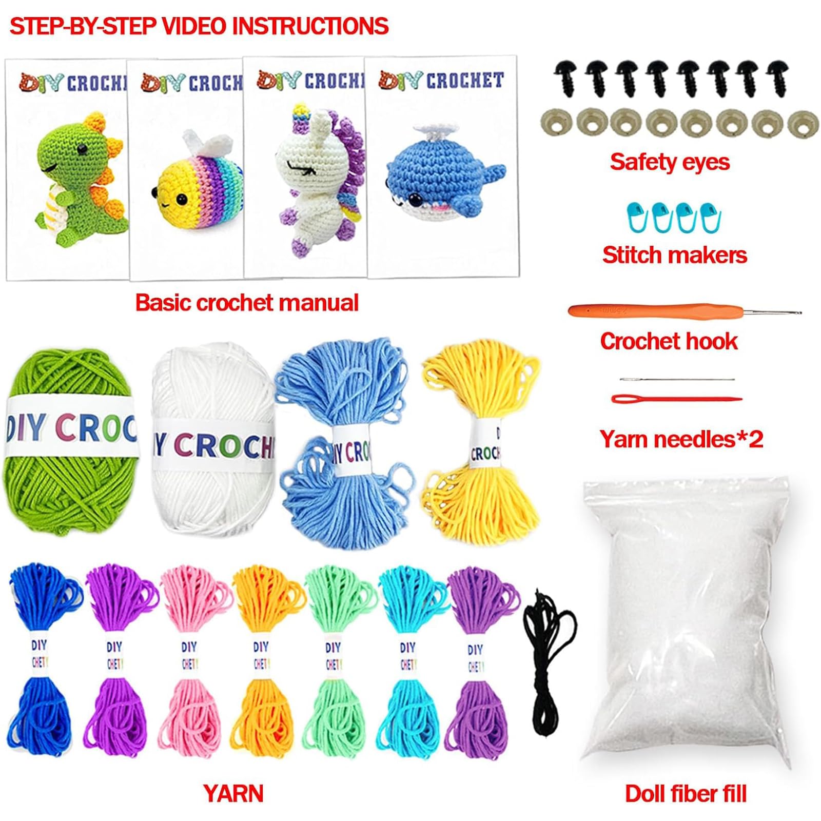 Lucydigla Crochet Kit for Beginners, 4 Pack Beginner Crochet Kit Animals for Adults and Kids with Step-by-Step Video Tutorials, DIY Crochet Knitting with Yarns, Hook, Accessories