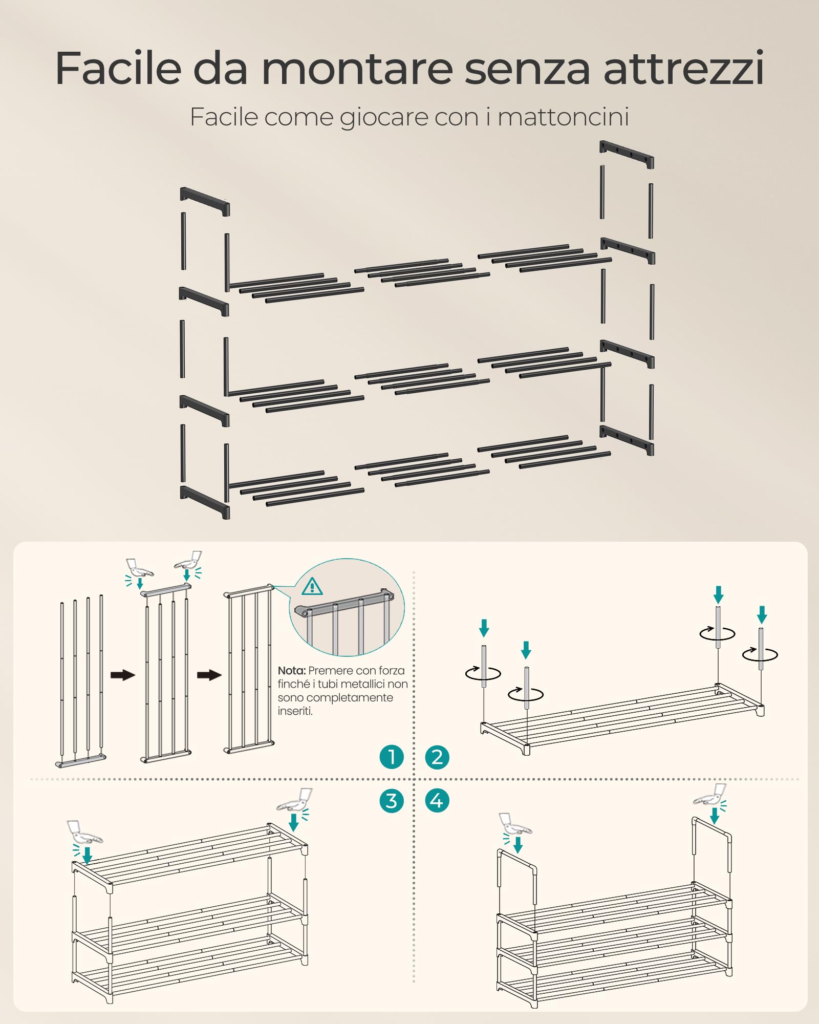 SONGMICS Scarpiera a 3 Ripiani, Scaffale Portascarpe in Metallo, per 16-20 Paia di Scarpe, Verticale o Capovolto, Impilabile, Ingresso, 30 x 92 x 55 cm, Nero LSA303B02