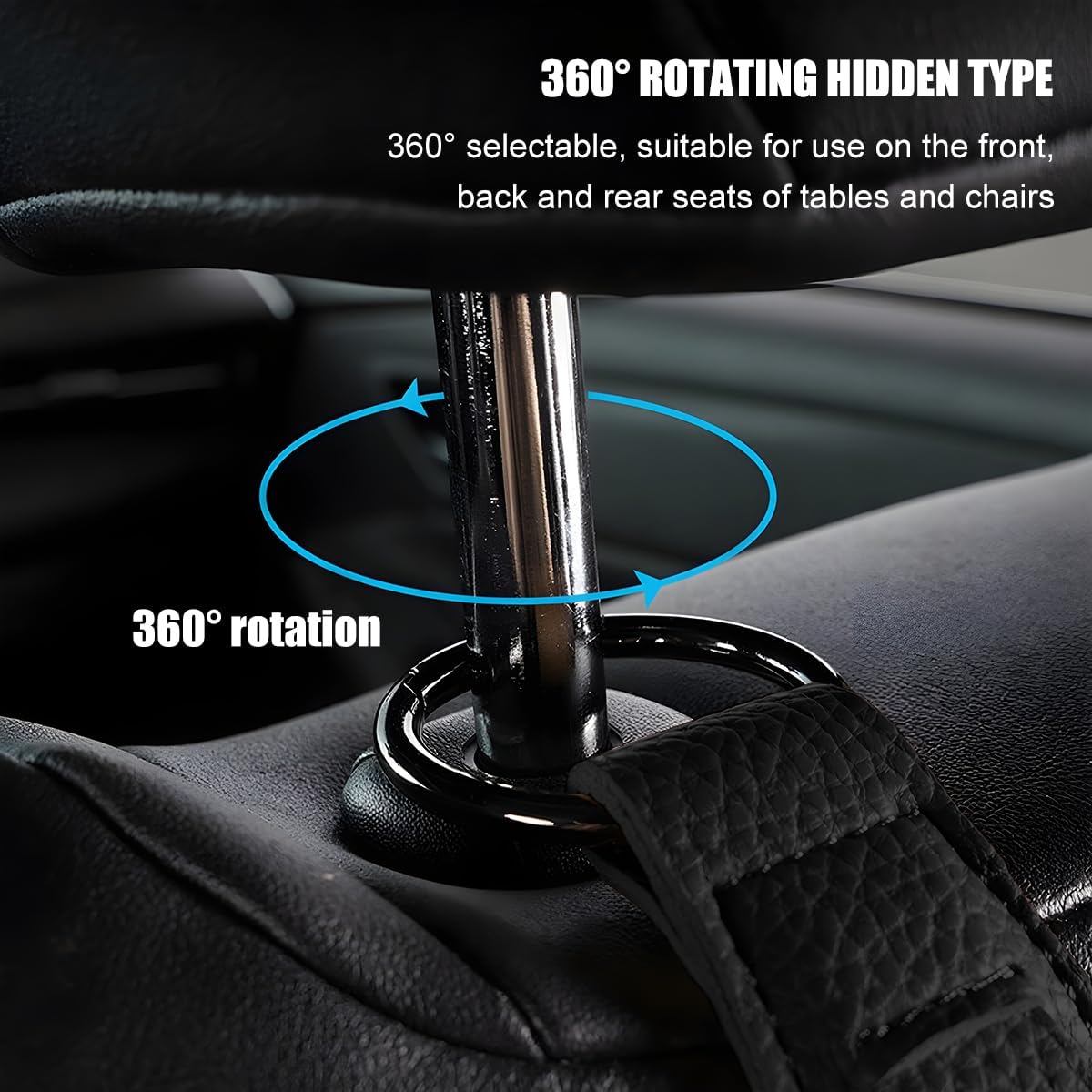 Car Seat Headrest Hook, Leather 360 Rotation Vehicle Seatback Bag Hanger Holder with Keyring, Hanging Auto Interior Storage Organizer, Universal for SUV Sedan Truck (Black)