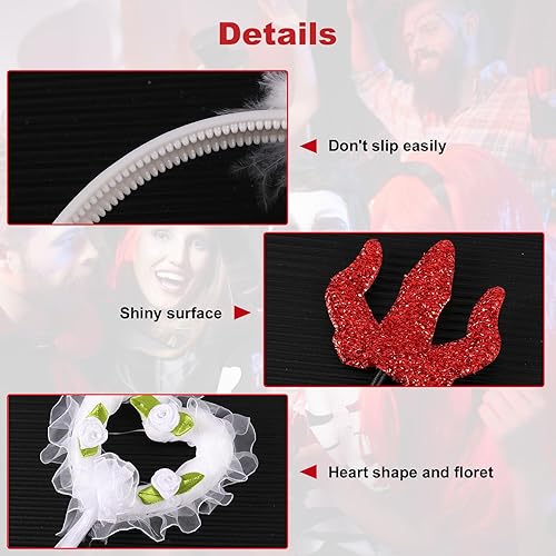 Miniatura 6 de Hi.FANCY Juego de 4 diademas de cuernos de ángel y diablo, varita mágica, banda para el cabello de ángel diablo rojo, juego de tocados de resorte