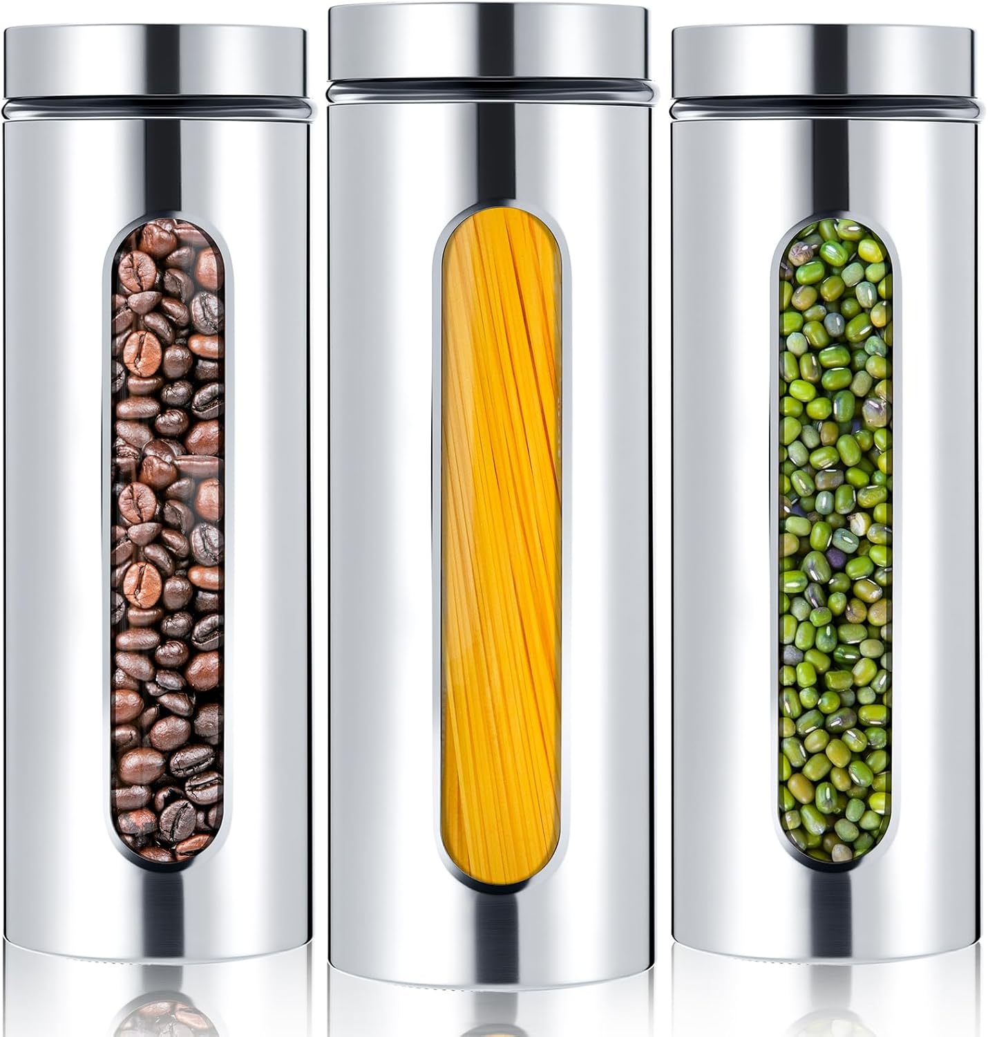 Mimorou 3 Pcs Stainless Steel Canister Set with Glass Windows Visible Storage Jars Silver Kitchen Canister Set for Pasta Flour Oat Sugar Container, Kitchen Tools, Housewarming Gifts(60 oz)