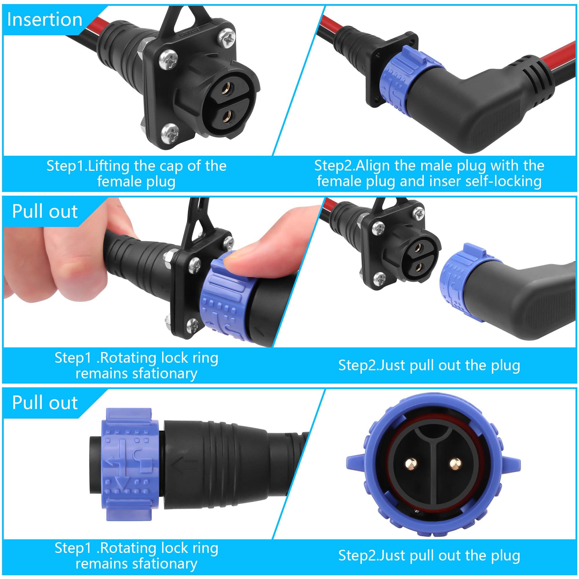 CERRXIAN Connecteur rapide pour moteur de pêche à la traîne à courant continu étanche, 90°, 2 pôles, 8 AWG, 50 A, 12 V/24 V/36 V/48 V, mâle et femelle