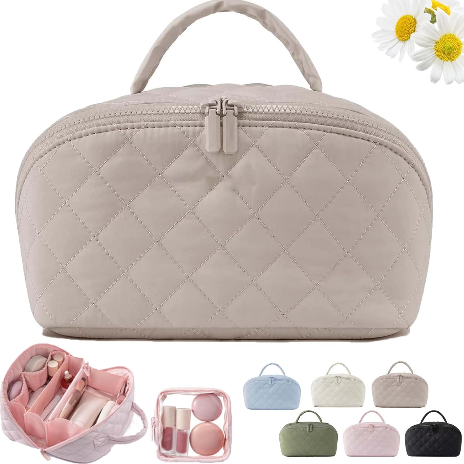 2026 New Travel Makeup Bag For Woman,180° Open Wide Open Lay-Flat Water-Resistant Cosmetic Case,Puffy Padded Organizer For Toiletries & Brushes Large Capacity With Compartments (Beige)