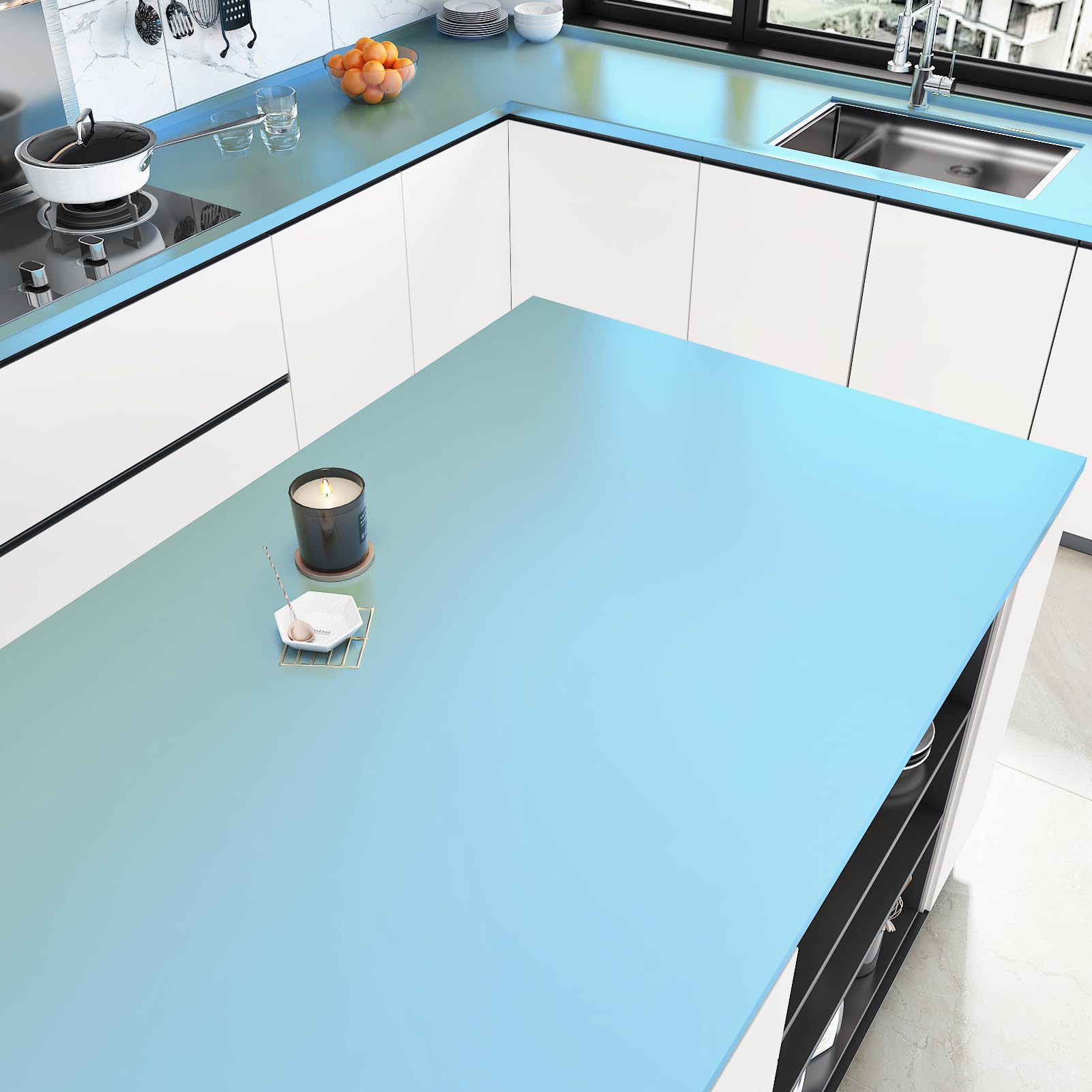 Wallderful Gradient Lignt Blue Metallic Wallpaper Peel and Stick Countertops Modern Self Adhesive Stainless Steel Contact Paper for Cabinets Bathroom