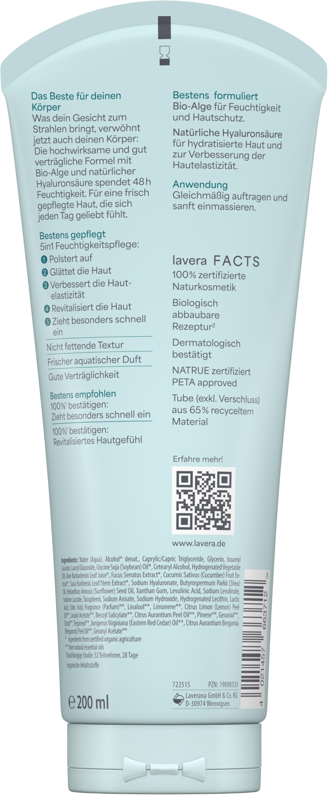 lavera Hydro Refresh balsam do ciała – nawilża przez 48 godzin – do suchej skóry – odświeżający – wegański – naturalny kosmetyk – 200 ml