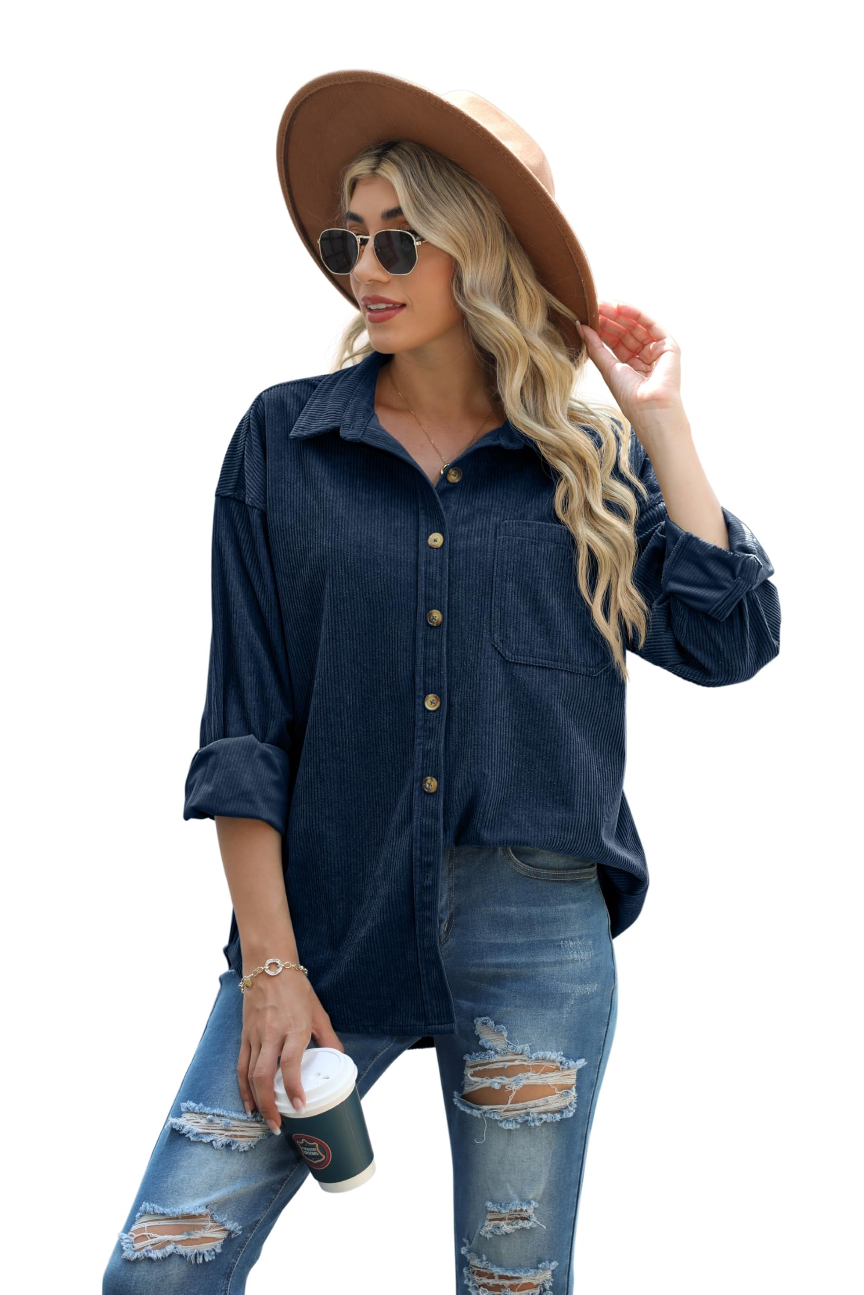 QIXING Veste chemise pour femme automne hiver oversize boutonnée duvet Corduroy veste fine en velours côtelé femme chemise col en V manches longues chemisier avec poche veste décontractée en