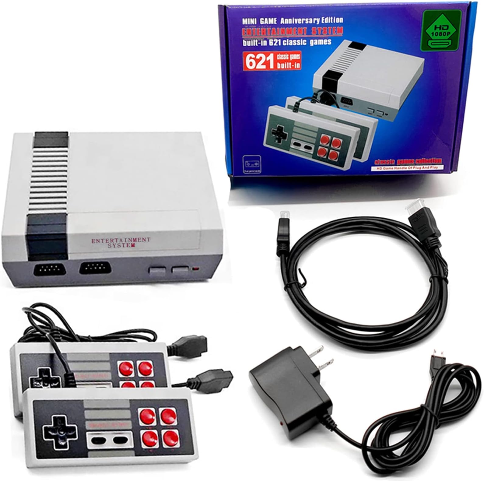 Retro Game Console HDMI for TV, 1080P HD Classic Video Game Console Built in 621 Games with 2 Classic Controllers- Plug and Play Handheld Game Player Console for Kids, Boys Men Christmas Birthday Gift