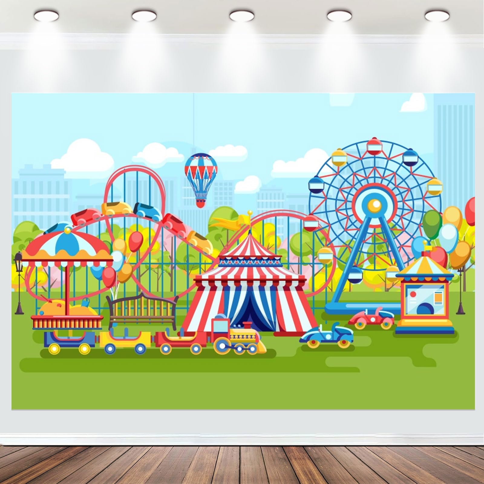 Fabric 5x3ft Cartoon Amusement Park Backdrop Carnival Circus Tents Ferris Wheel Roller Coaster Trains Cars Playground Background Kids Baby Shower