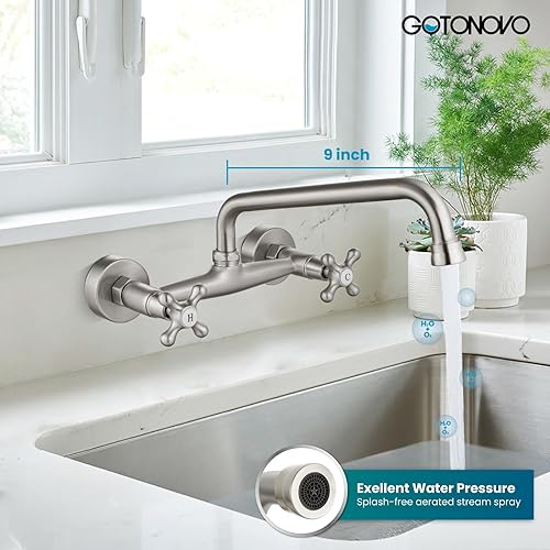 Miniatura 6 de gotonovo Grifo de montaje en pared de níquel cepillado de 8 pulgadas, 2 pomos cruzados, mango victoriano comercial con boquilla de 9 pulgadas