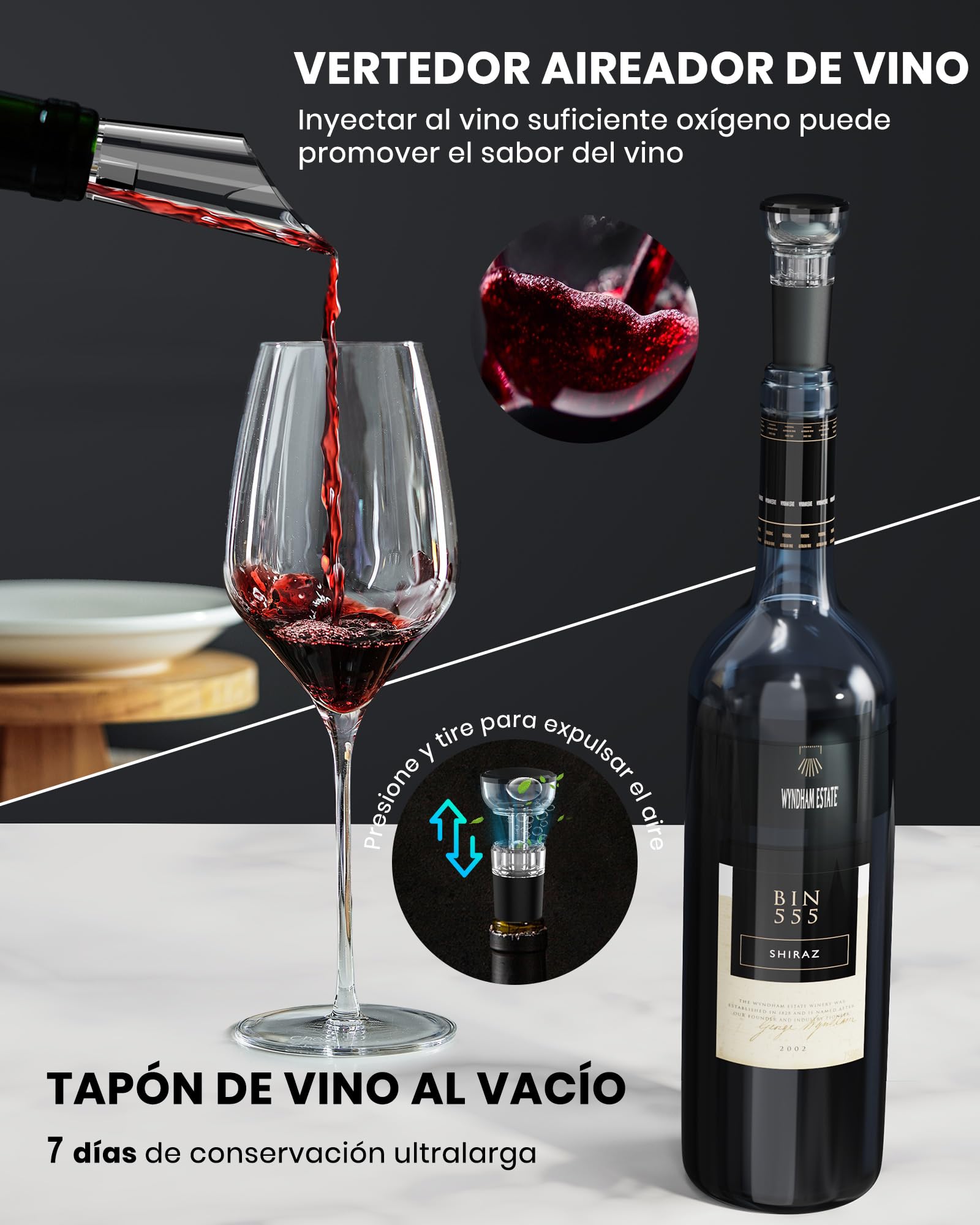 Sacacorchos eléctrico recargable con base de carga, abridor de vino electrico 6 en 1 juego regalo cumpleaños abrebotellas con vertedor aireador, tapón de vino al vacío, cortador láminas y cable USB