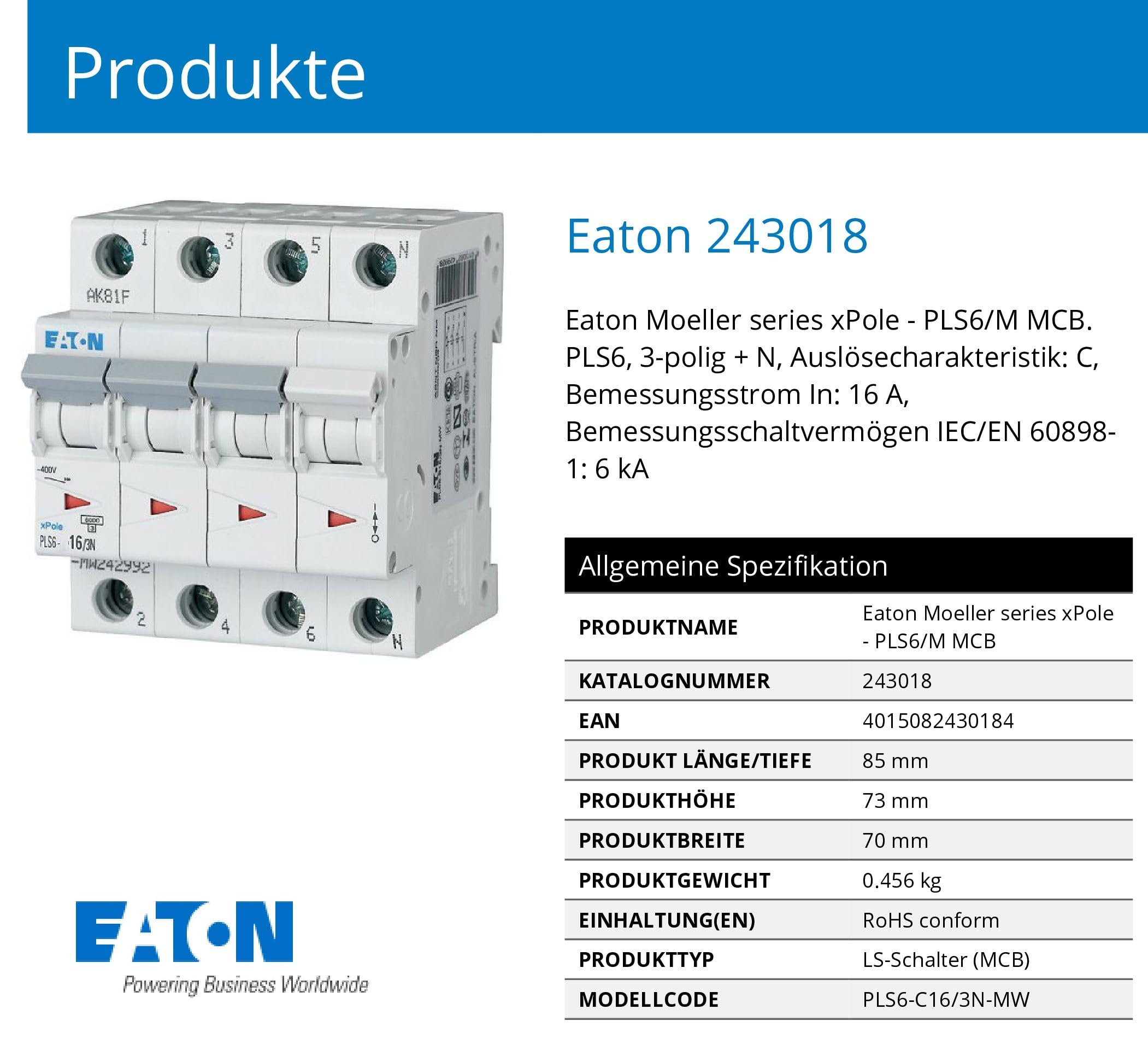 Eaton Moeller PLS6-C16/3N-MW Leitungsschutzschalter 16A 3P+N 3-polig+N C-Charakteristik LS-Schalter Sicherungsautomat MCB (243018)