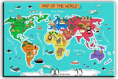 Mapa del mundo - Lienzo decorativo para pared para habitación de los niños, animales típicos en el mapa del continente, impresiones en lienzo para disponible en Yaxa Peru