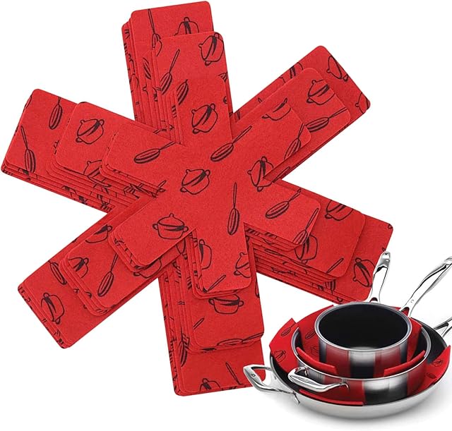 Newthinking Pot and Pan Protectors, Kitchen Pot Protection, 12 Pack 3 Different Size Protecting Pots and Pans Separators Pads, Adapted for Stacking Various Types of Pan (Red)