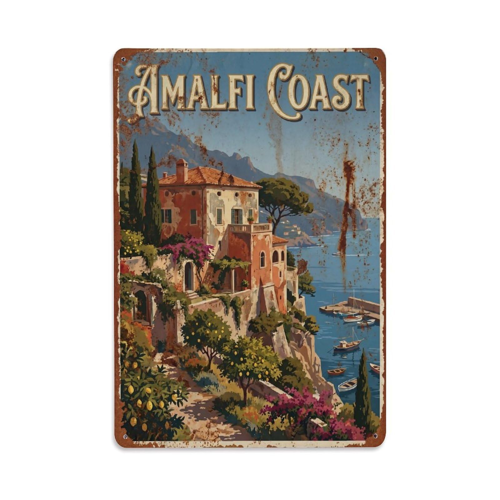 Vintage Travel Villa Italy Seaside Metal Tin Sign