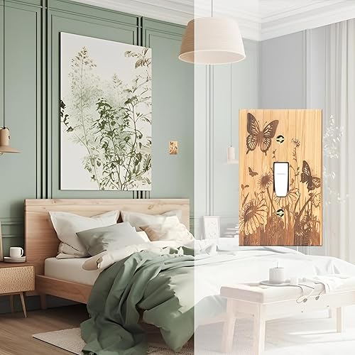 Miniatura 3 de Cubierta decorativa de placa de interruptor de luz de madera con diseño de flor de mariposa para pared de niña, habitación de niños, baño, tamaño