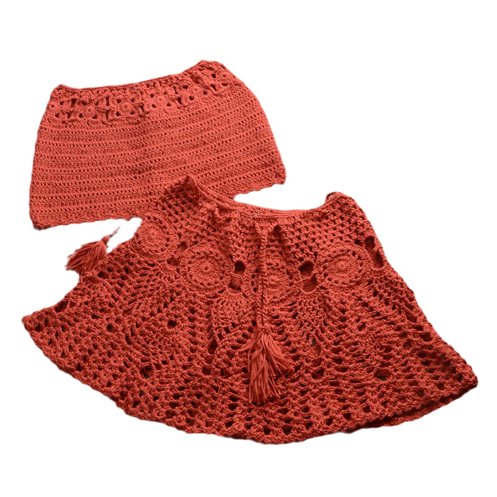 Verano Sexy Hombro Crochet Bikini Conjunto Top Y Falda Traje De Baño Mujeres Alta Cintura Color Sólido Traje De Baño Moda Hueco Ropa