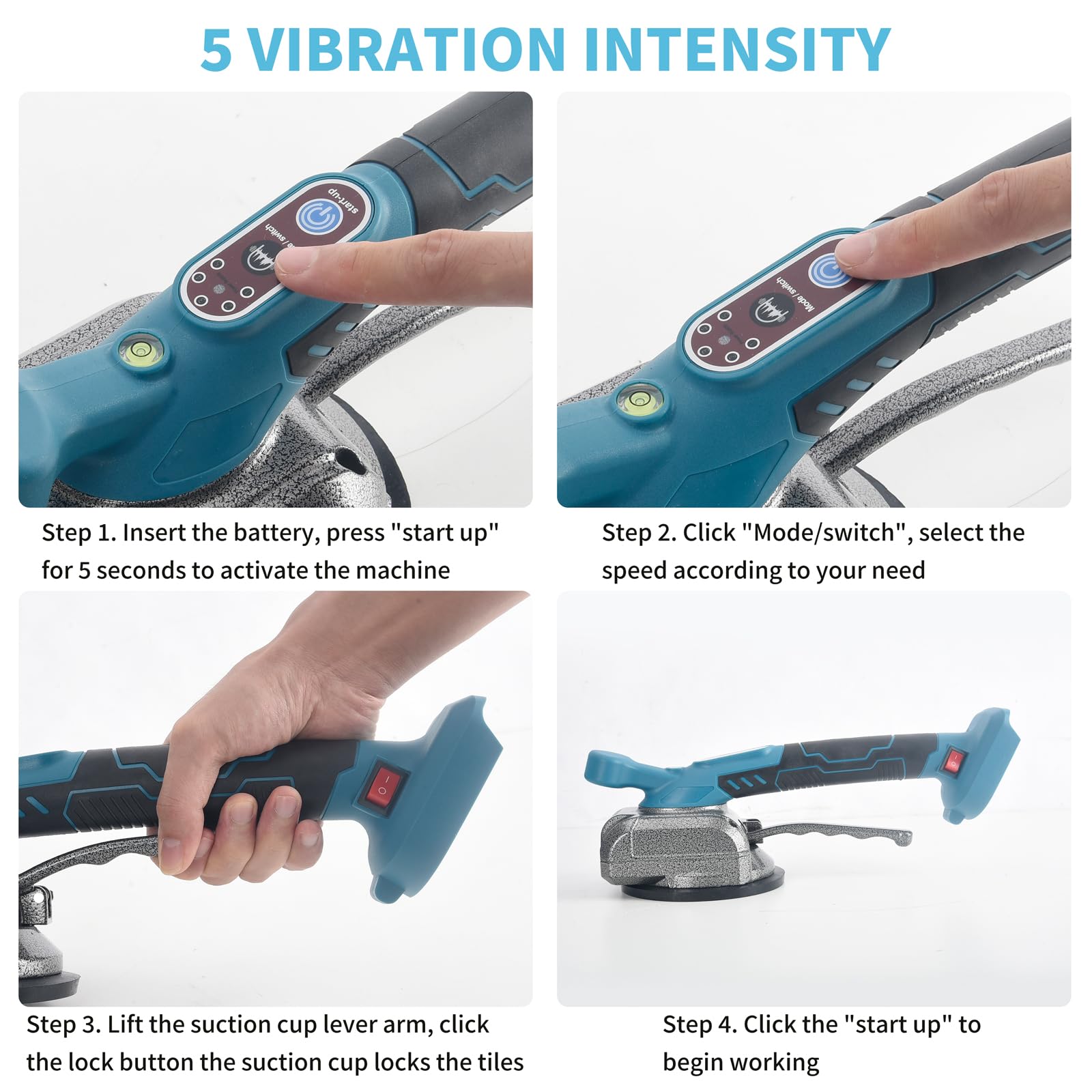 Dispositivo Vibrador de Azulejos Profesional con 5 Velocidades y Ventosa de 13 cm, Adsorción de 80 kg para Colocar Azulejos de 0,3~2,6 m, Compatible con Batería de 18 V (Sin Baterías)