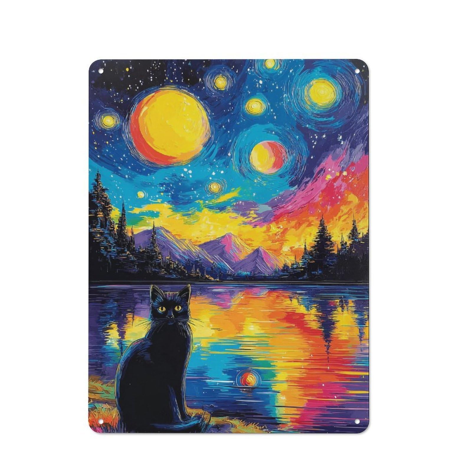 Decorative Metal Plaque with Starry Night Cat Reflections Design 40x30cm, Casual Utility Space Decor for Patio Bar, Workshop, Shed Or Kitchen