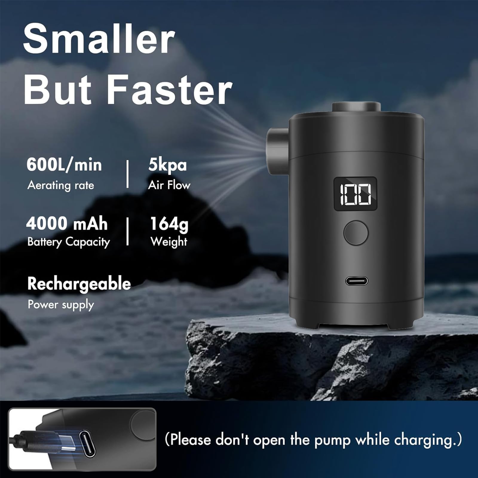 Pompa do Napełniania Powietrza, Wbudowany Akumulator USB 280L/min - 3600mAh Wysoka Pojemność, 4 Dysze, Cyfrowy Wyświetlacz, Przenośna Mini do Materace Dmuchanych i na Kemping