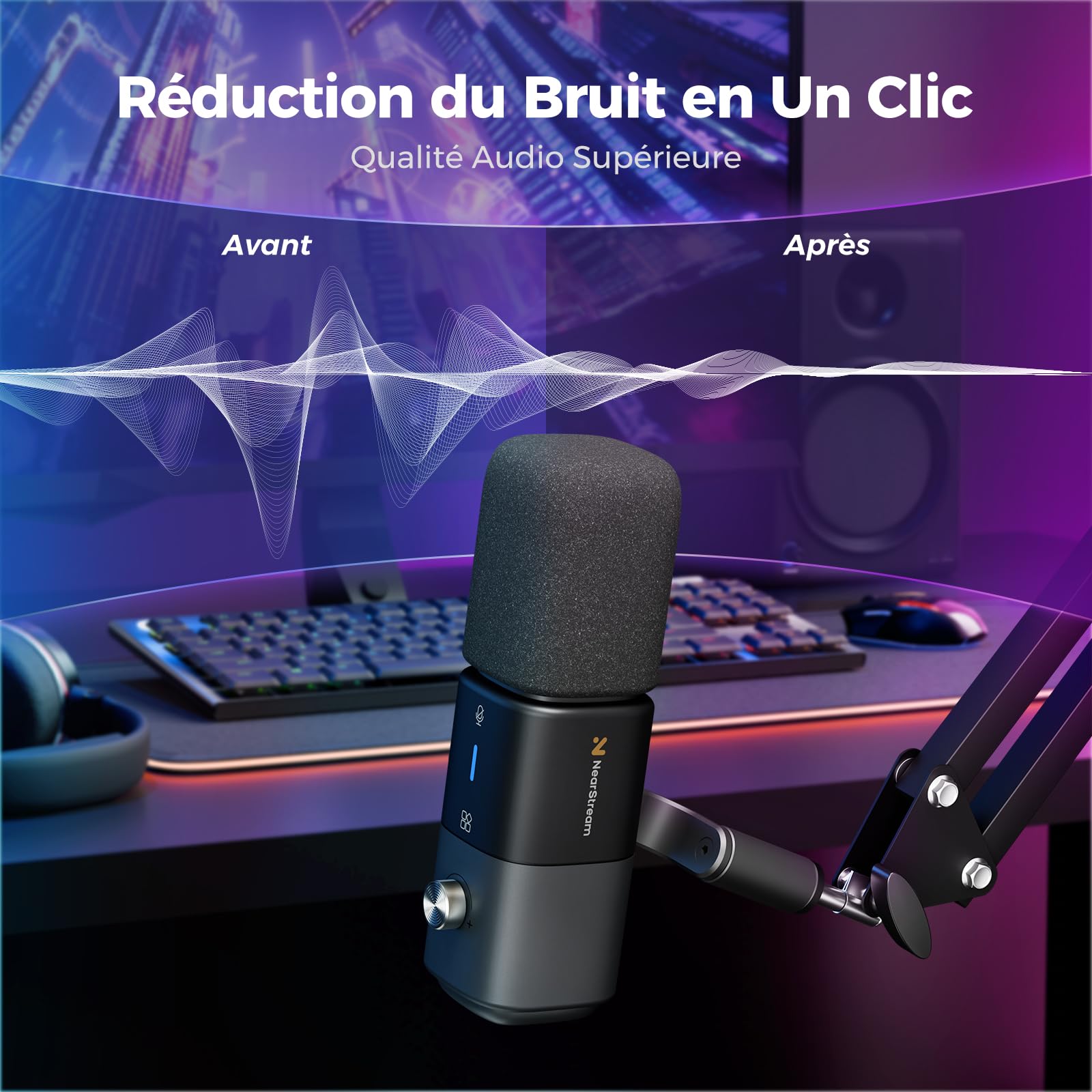 NearStream Microphone à Condensateur USB/XLR Supercardioïde pour Streaming Gaming Podcast, Réduction de Bruit &Monitoring& Muet& Gain Réglable,pour PC, Mac, PS4/PS5, Mixer Audio,Interface Audio,AM20X