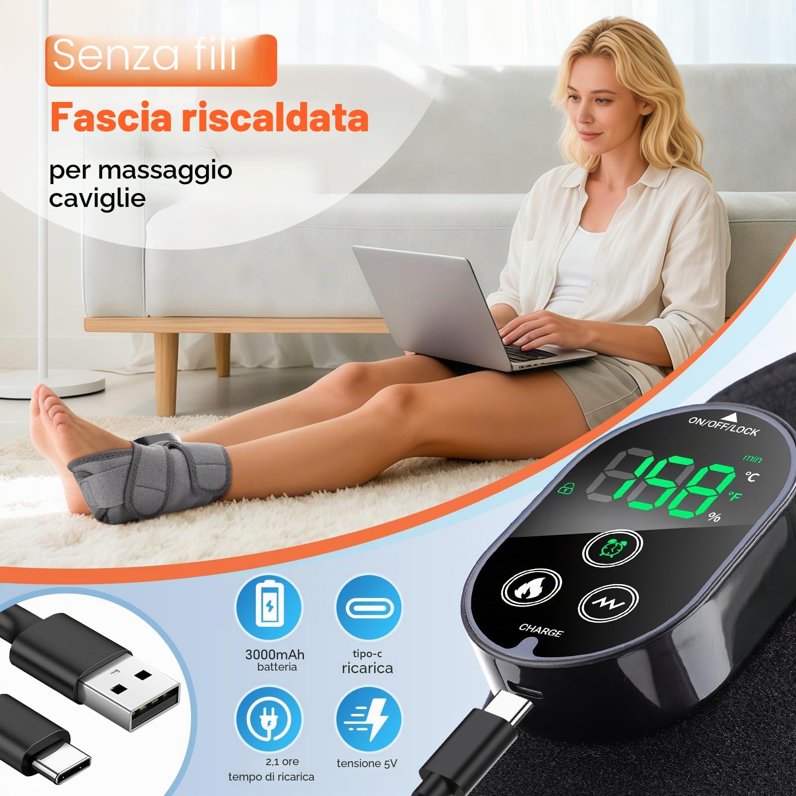 Cavigliera riscaldata, massaggiatore per piedi senza fili con 6 impostazioni di calore, 3 impostazioni di vibrazione, 3 opzioni di timer, cuscinetto riscaldante ricaricabile per polpaccio, supporto
