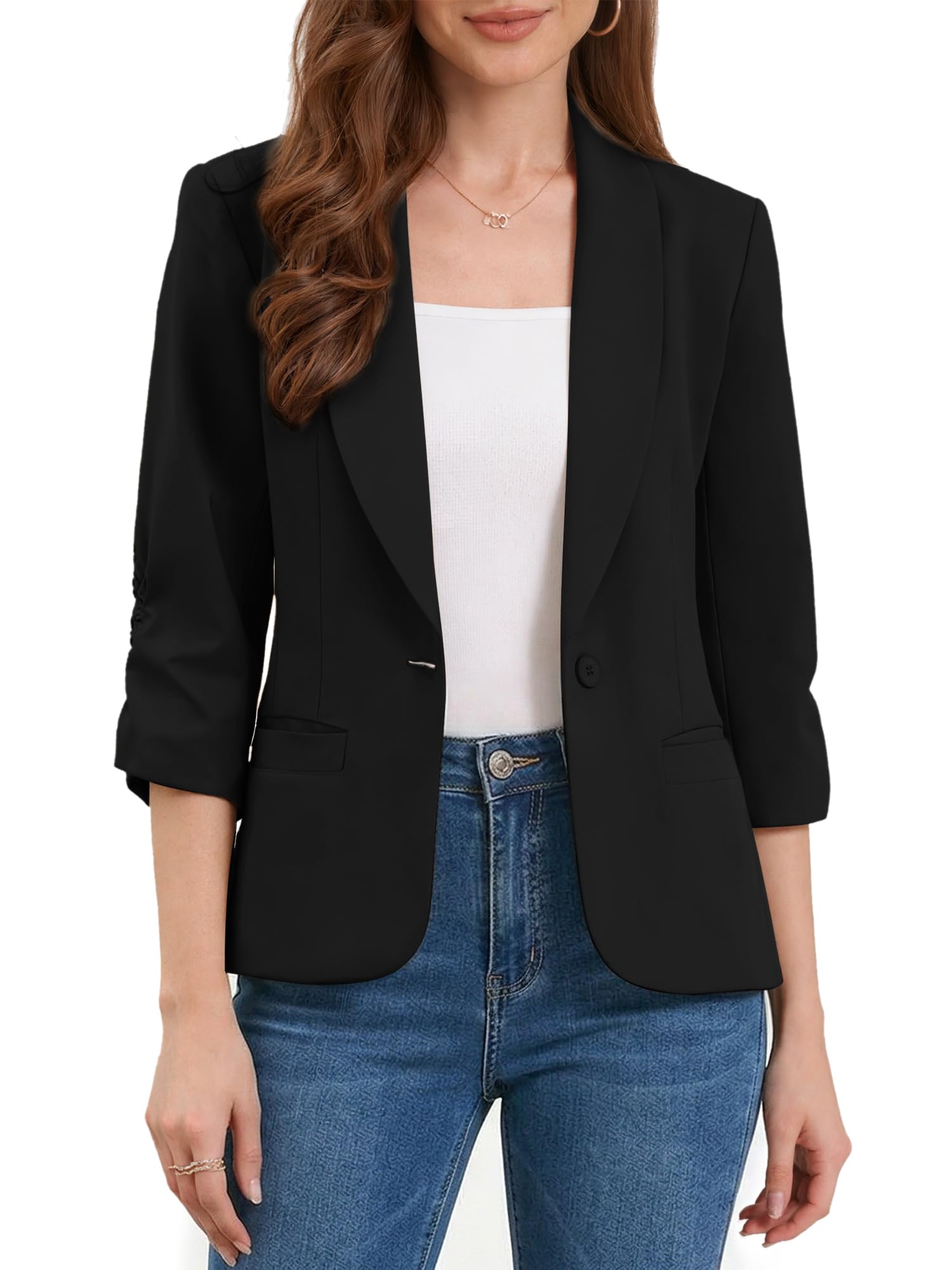 Allegra K Blazer De Trabajo para Mujer Solapa Chal Mangas 3/4 Bolsillo Un Botón Americana Corta De Oficina
