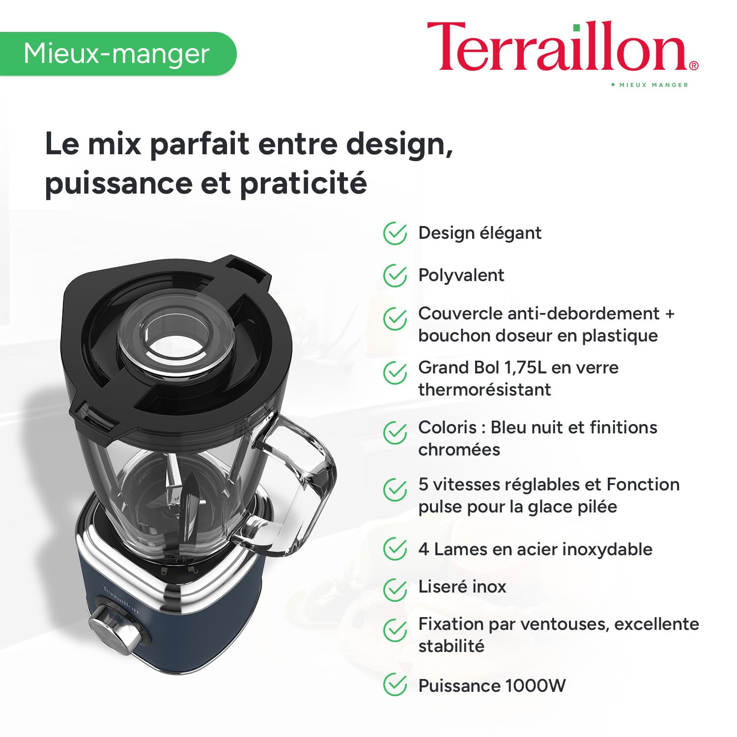 TERRAILLON - NEW MOON- Blender Electrique, Capacité 1.75L, 600W, Bol en verre, 5 vitesses réglables, Fonction Pulse, 4 Lames en Inox, Couvercle anti-débordement, Corps en Inox peint, Bleu