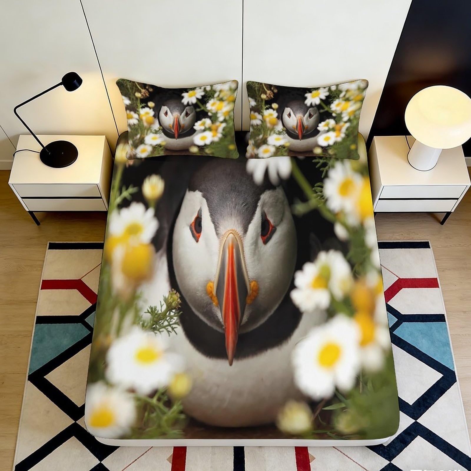 Jqzkxnhpbr Style-8 3D Printed Puffin Daisy Fitted Sheet Microfiber Soft Non-Slip Bed Cover For Bedroom Dorm Mattress Decor 90X200x25cm
