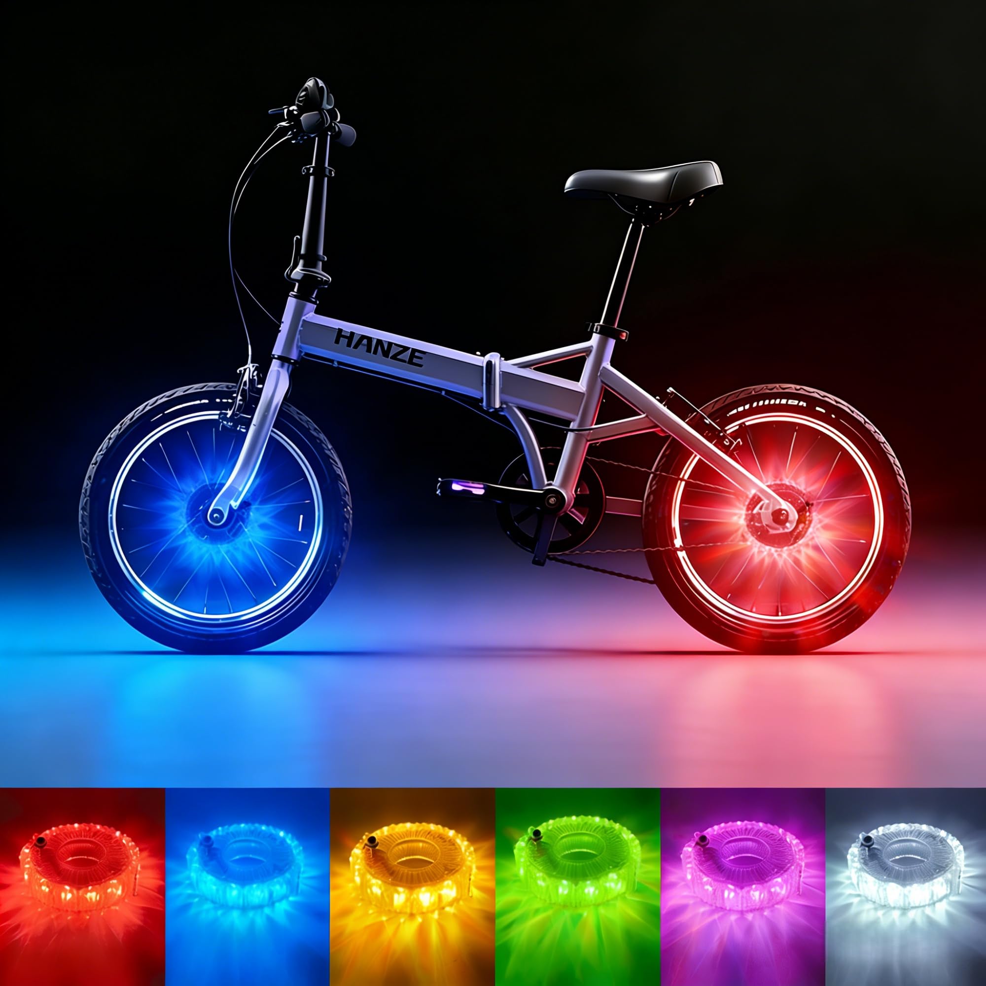 HANZE Lumières rechargeables pour roue de vélo – 9 couleurs, 21 modes d'éclairage, moyeu lumineux à DEL, autonomie de 20 heures, accessoires de sécurité pour pneus de vélo, lumières de rayons cool