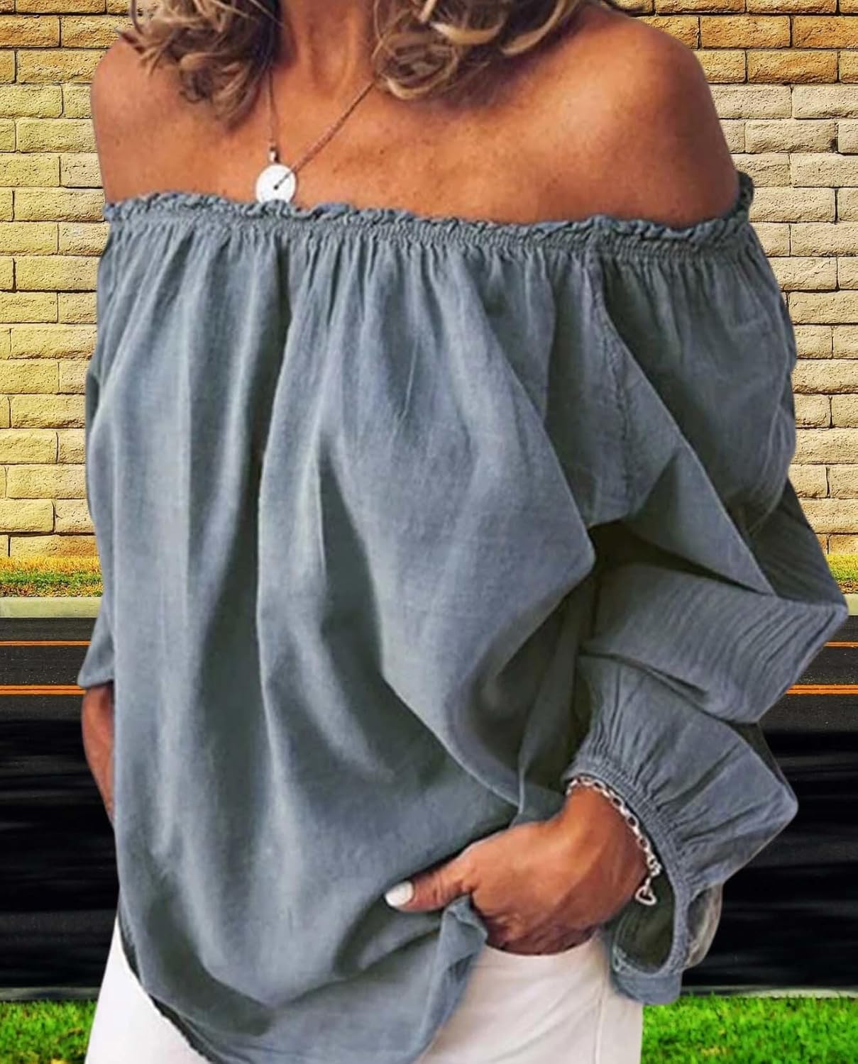 Womens Linen One Shoulder Top Stylish Cotton Long Sleeve Ruffle Balloon Sleeve Shirt for Casual Elegance - Image 3