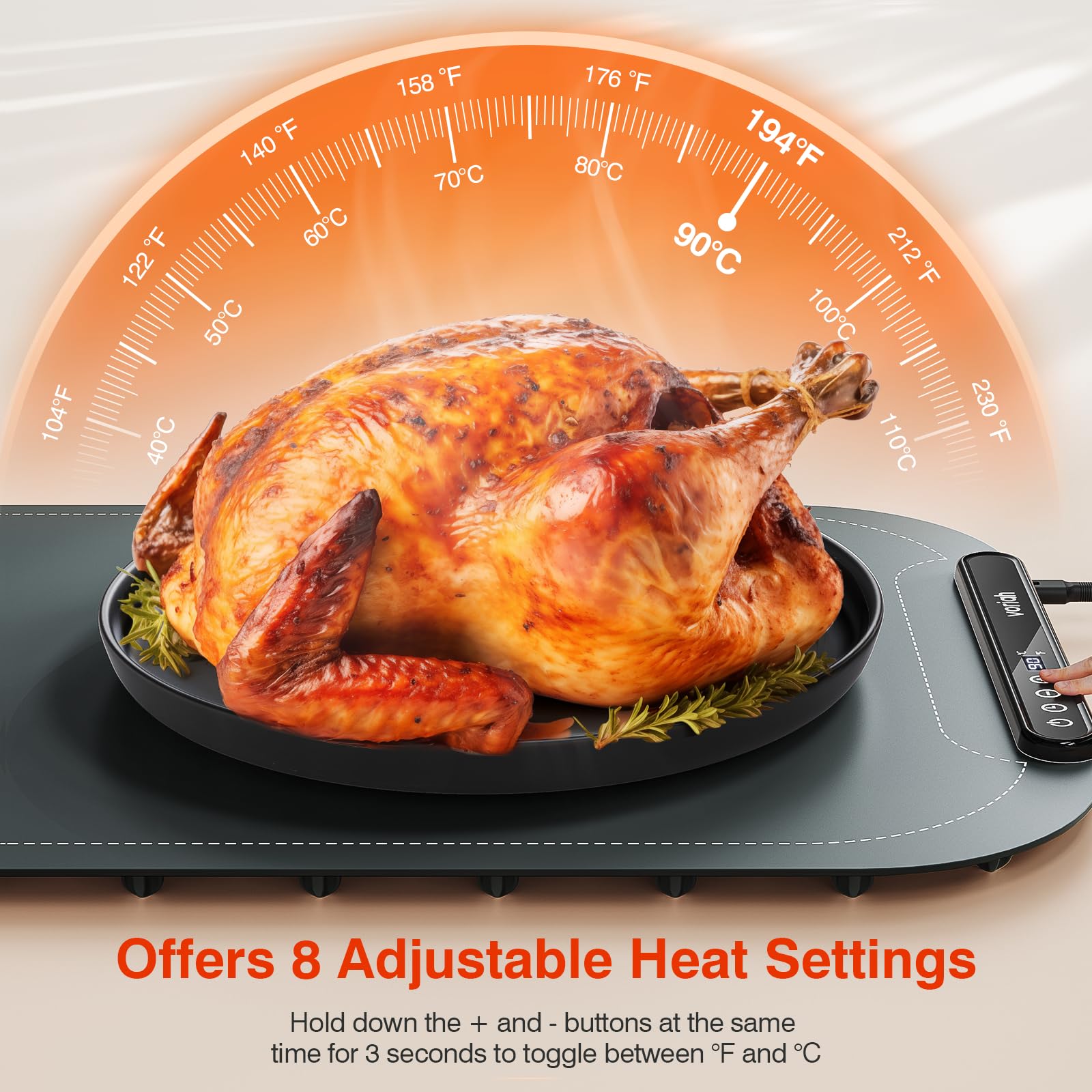 Food Warming Mat, Voriah Electric Warming Tray, Silicone Warming Mat for Food, Heating Mat for Food with 8 Adjustable Temperature 8 Hours Timing, Versatile Food Warmers for Parties Buffets