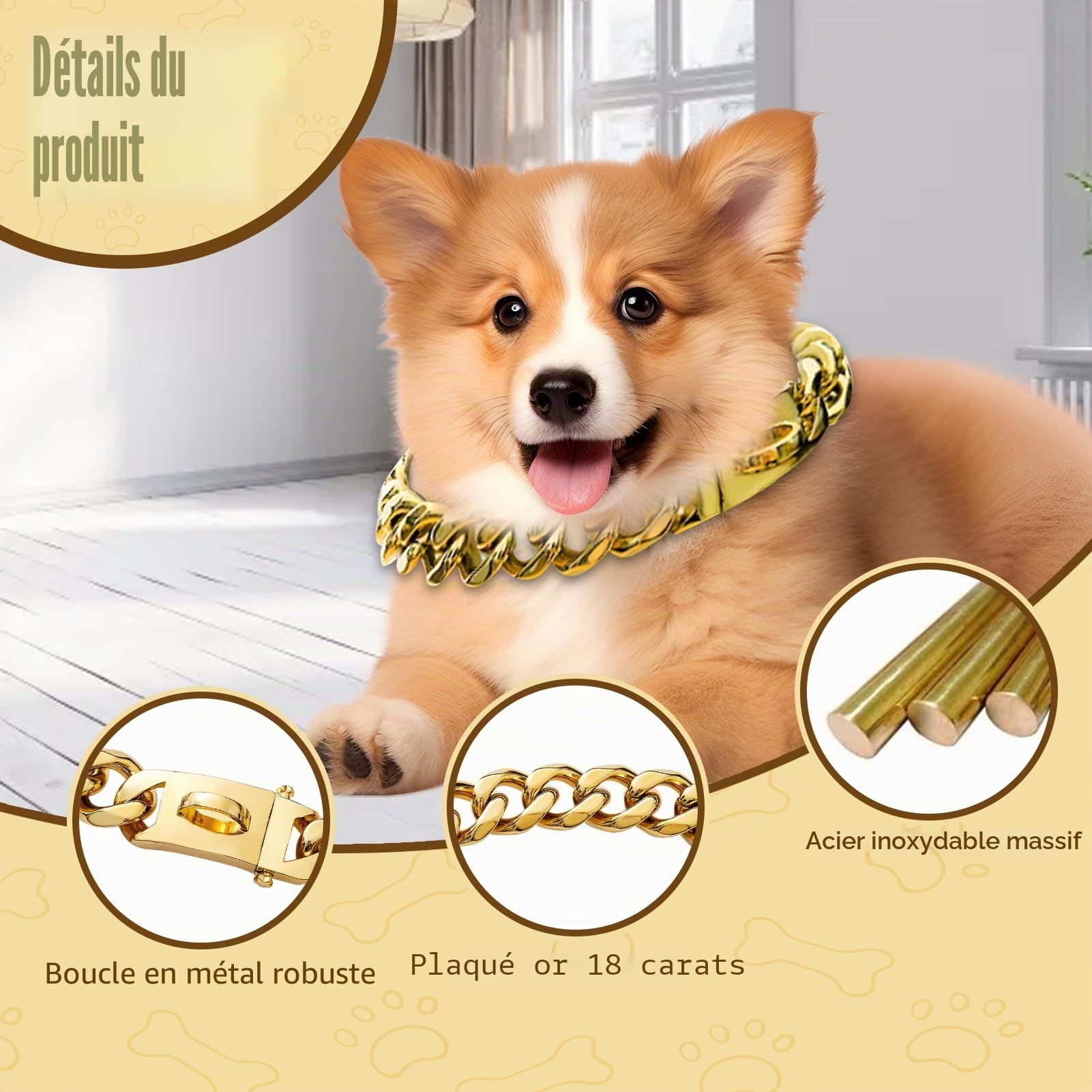 Collier en chaîne pour chien, Collier doré en chaîne métallique, 15 mm de largeur, Collier de chien cubain en acier inoxydable avec boucle pour petits, moyens et grands chiens (25 cm)