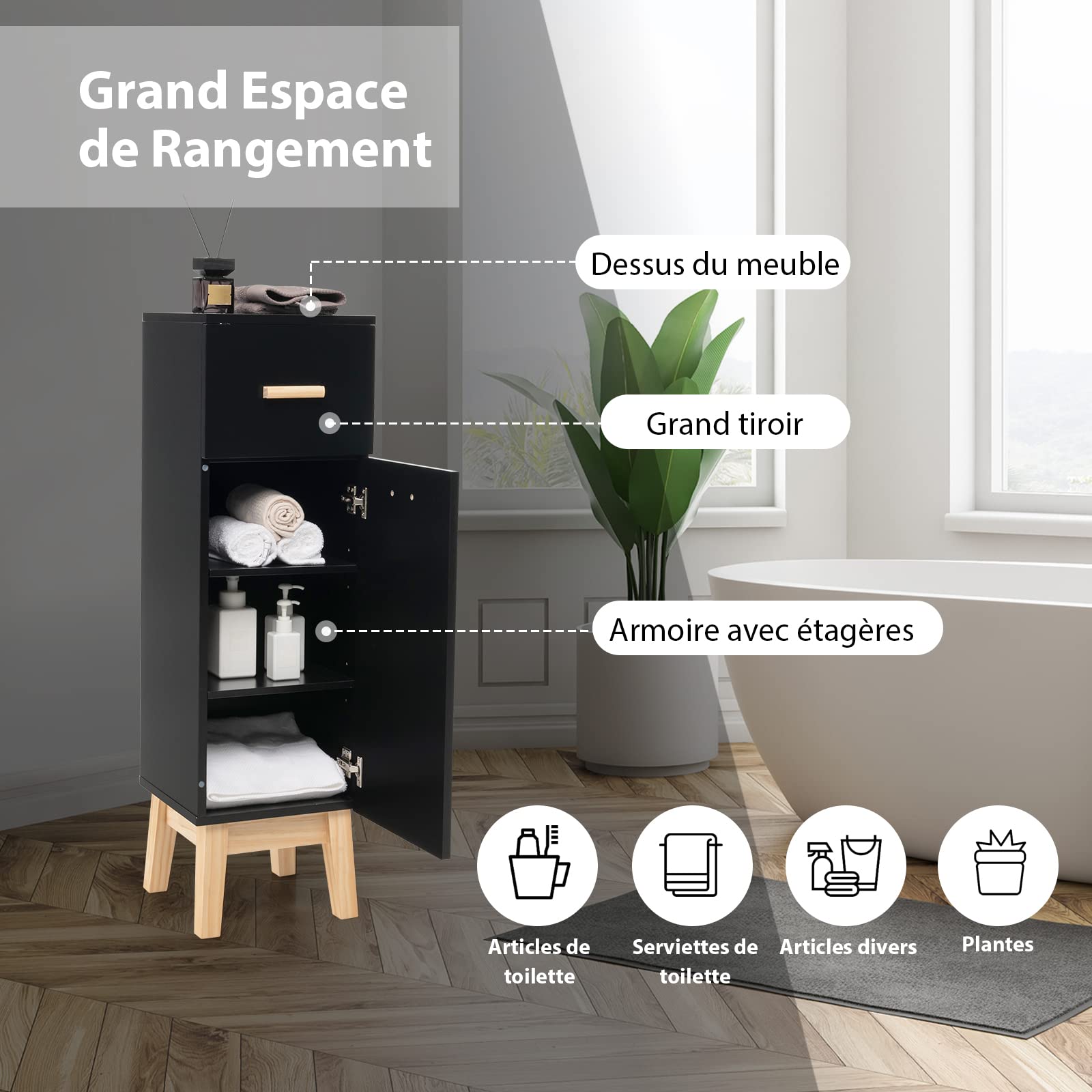 COSTWAY Meuble Autoportant de Salle de Bain avec 1 Tiroir et 1 Porte,Armoire de Rangement sur Pieds avec Etagères Réglables,Placard en Bois Moderne pour Salon Cuisine,30 x 30 x 102cm,Noir