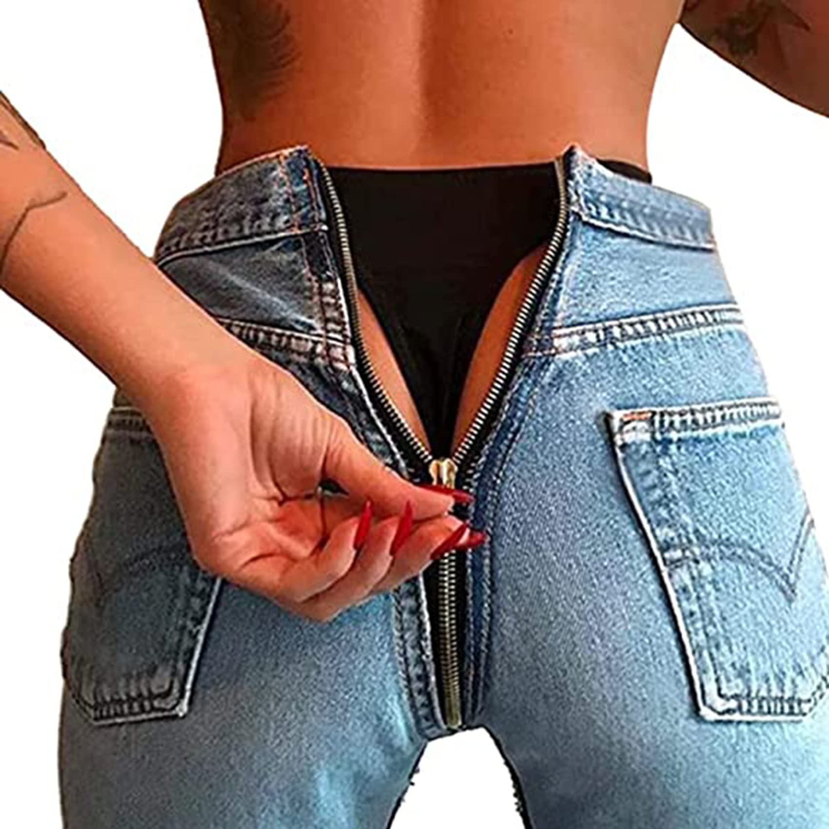 NLAVW Damen-Jeans mit Reißverschluss hinten, Skinny-Denim-Hose, Dehnbare Jeggings, hohe Taille,Light Blue,S