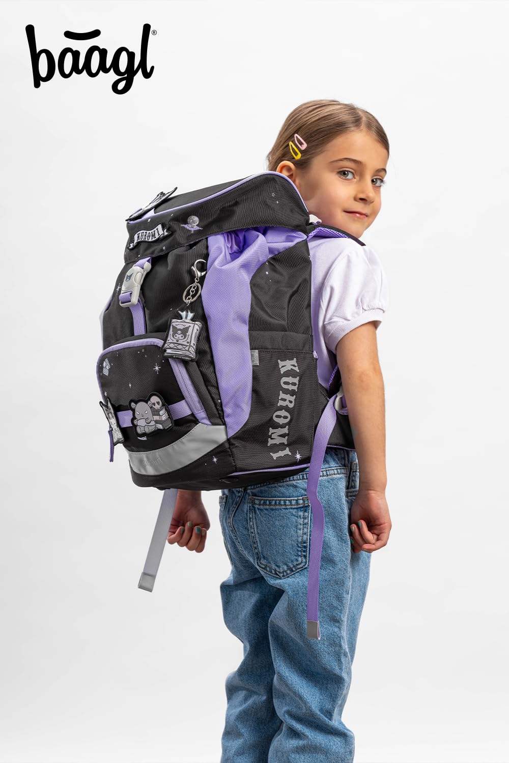 Baagl Mochila escolar para niños y niñas, juego de 5 piezas (mochila escolar Airy para 1ª clase, estuche, bolsa de gimnasio, delantal, bolsa de pecho), mochila escolar ergonómica, 16,5 l, Kuromi