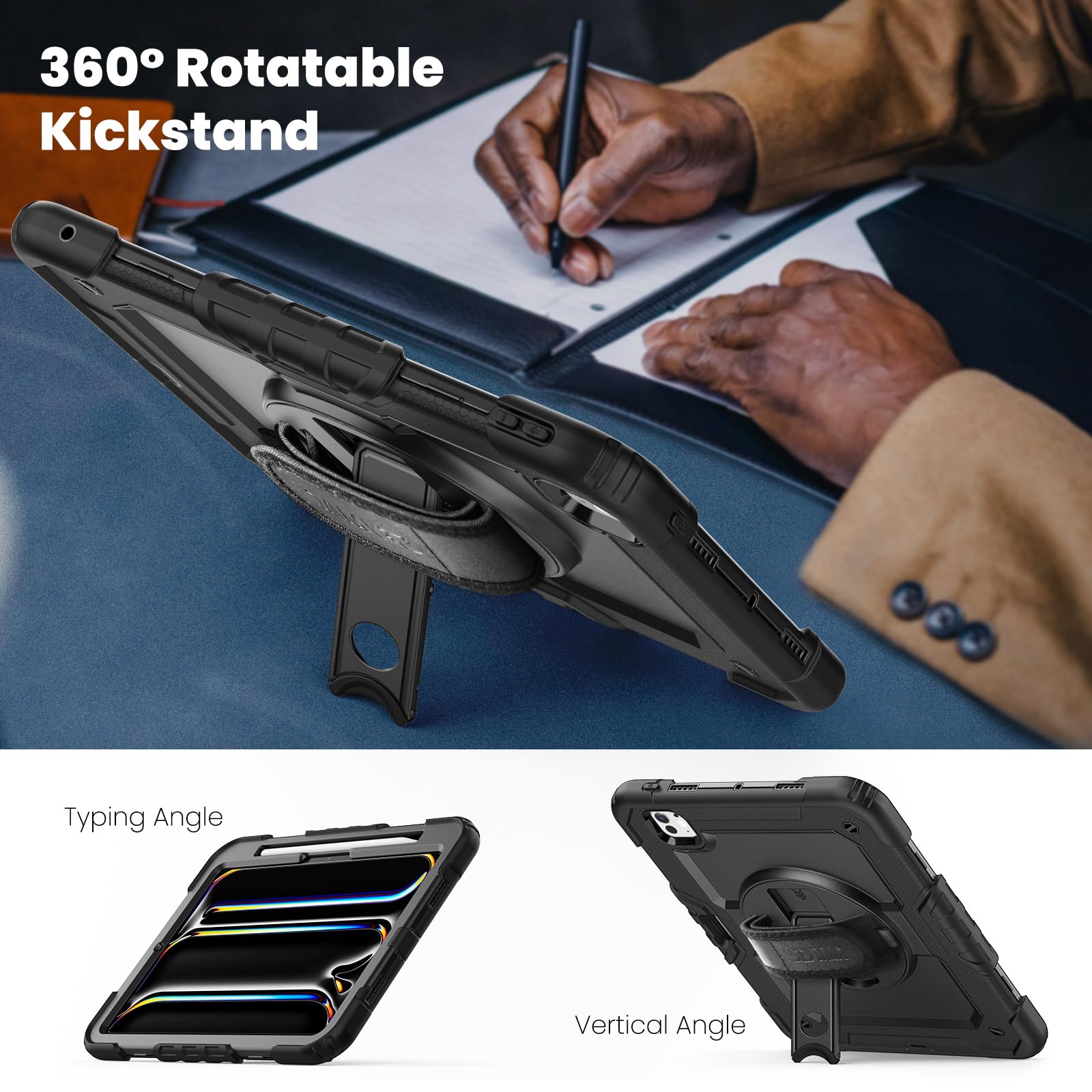 SEYMAC Funda para iPad Pro 11 Pulgadas M5/M4 2025/2024, Funda Resistente a Impactos con Protección para Pantalla, Soporte Giratorio 360°, Correa para el Hombro y Soporte para Lápiz, Negro