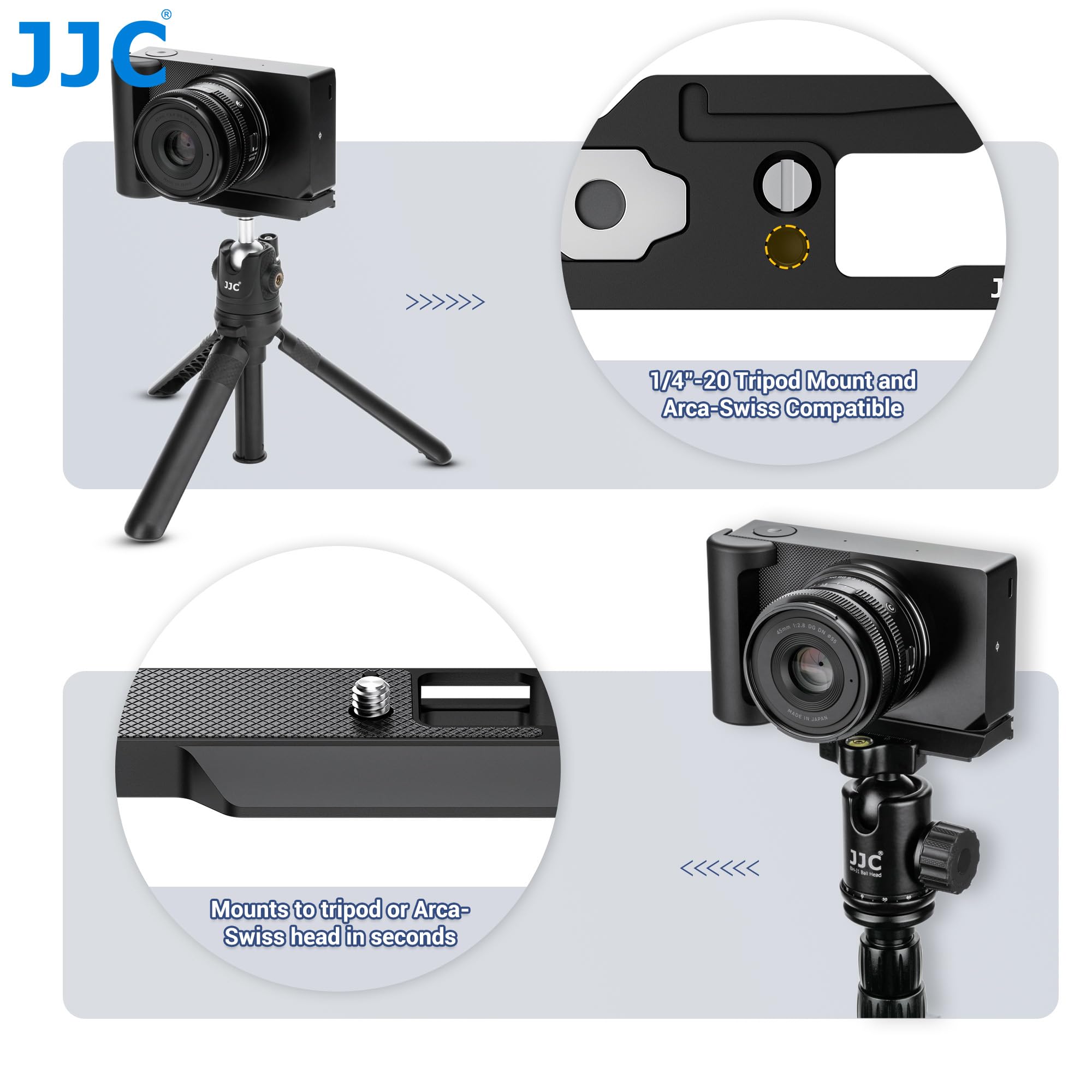 JJC Metalowy uchwyt kompatybilny z kamerą Sigma BF, system szybkiego zwalniania do Arca, 1/10.2 cm - 20 otworów, uchwyt w kształcie litery L, kompatybilny z klipsem do kamery Peak Design V3
