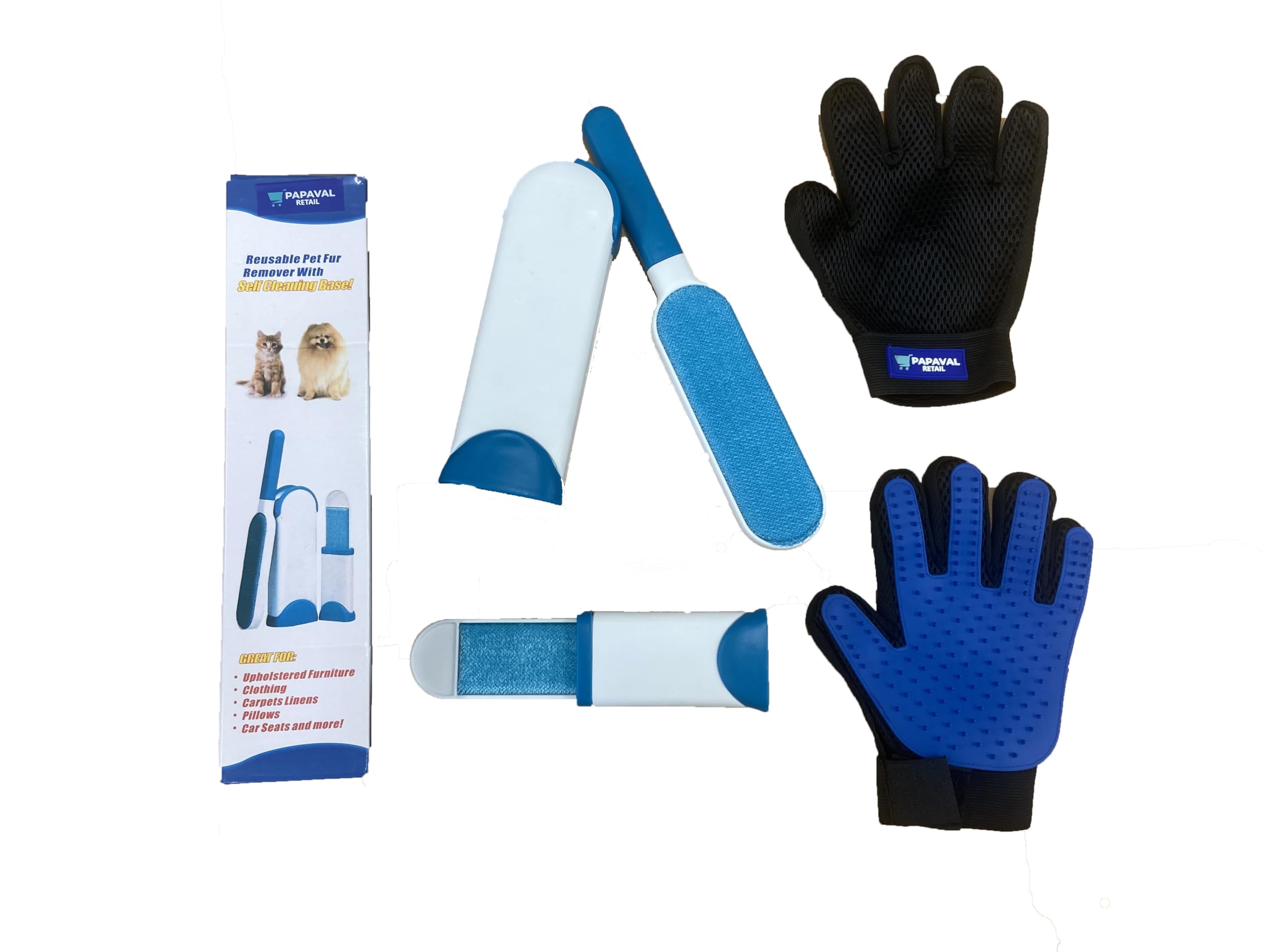 Papaval Pet hair fur remover lint brush with self-cleaning base and grooming mitts set, Magic gloves and lint brush for cats, dogs, horse and clothes