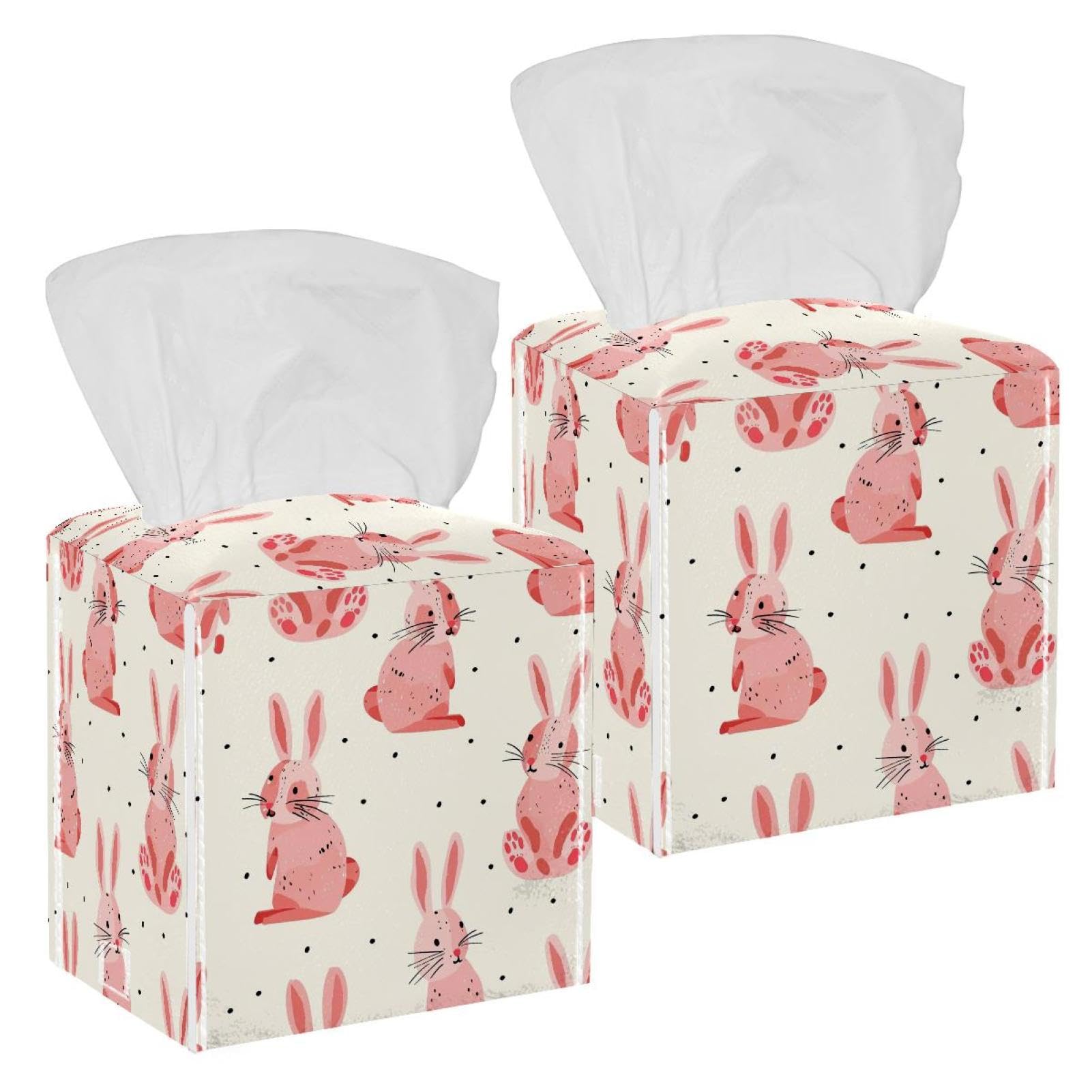 Cartoon Rabbit Tissue Box Cover, 2 Pack PU Leather Square Facial Tissue Dispenser Box holder for Home Office Car