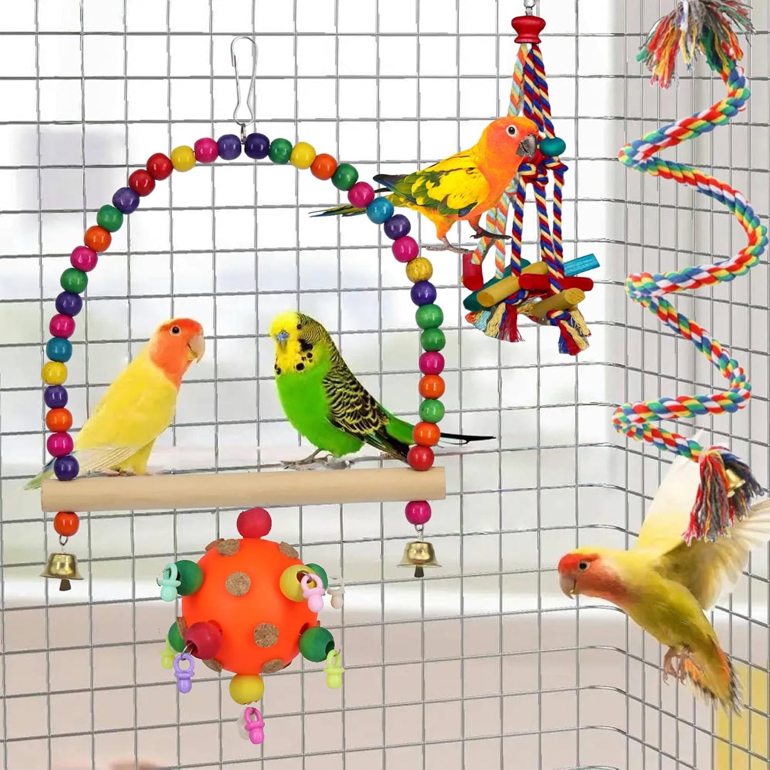 Colorful Parakeet Toys and Bird Cage Accessories, Hanging and Standing Fun Toys for Small Birds Like Conures, Cockatiels, Budgies, and Lovebirds