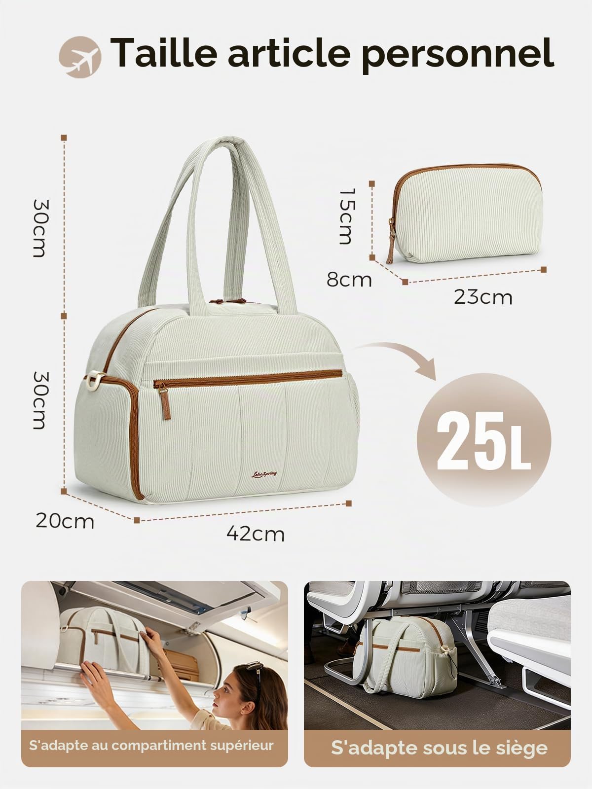 Sac de Voyage Femme en Velours Côtelé, Sac Sport Léger 24 L, Sacs Weekend Bagage à Main avec Trousse Toilette et Sacs Imperméable en PVC Idéal pour l'hôpital Voyages Vacances Sport, Beige